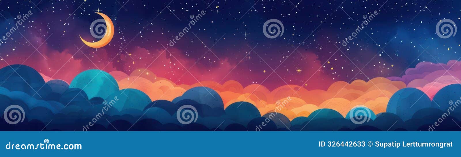 vibrant night sky with crescent moon, soft clouds, and colorful stars, creating a dreamy and serene celestial atmosphere