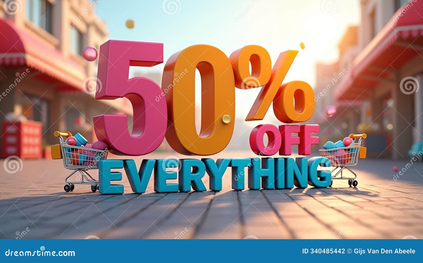 vibrant 50 off everything 3d letters price tags and shopping carts in openair market