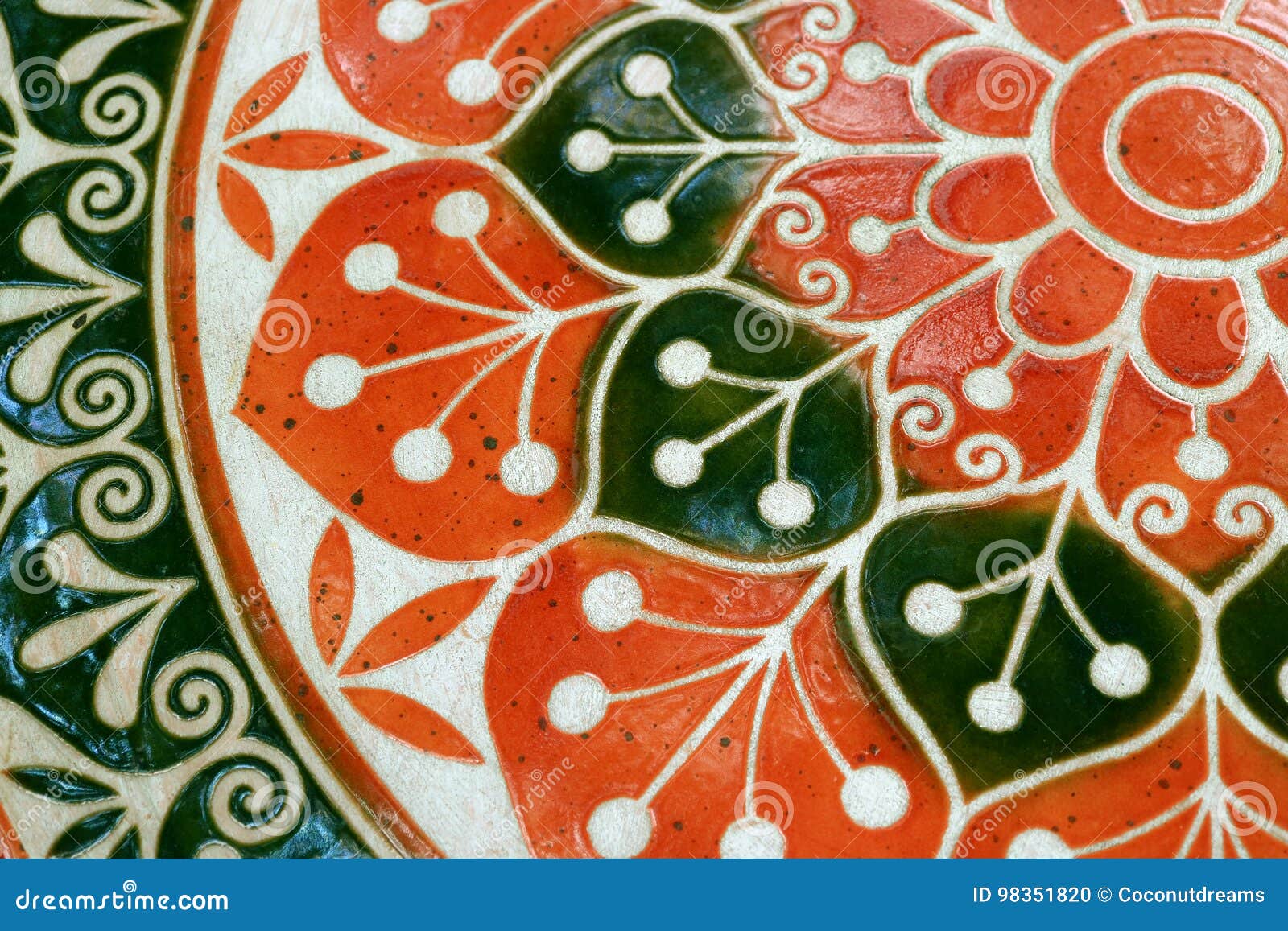 Vibrant Orange and Deep Green Color of a Painted Stone Table Top, for