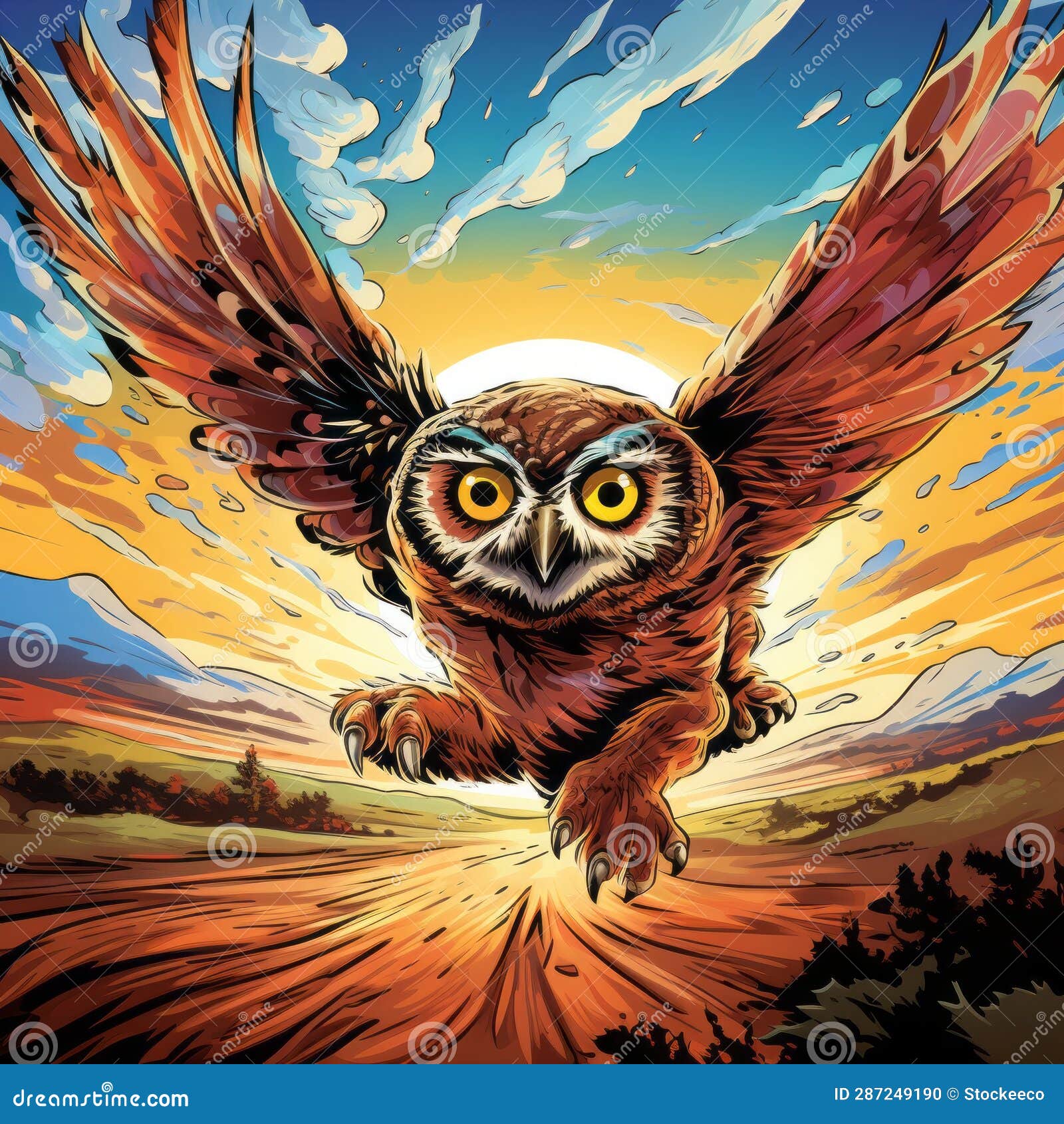 Vibrant Owl Illustration Soaring through Open Countryside Stock ...