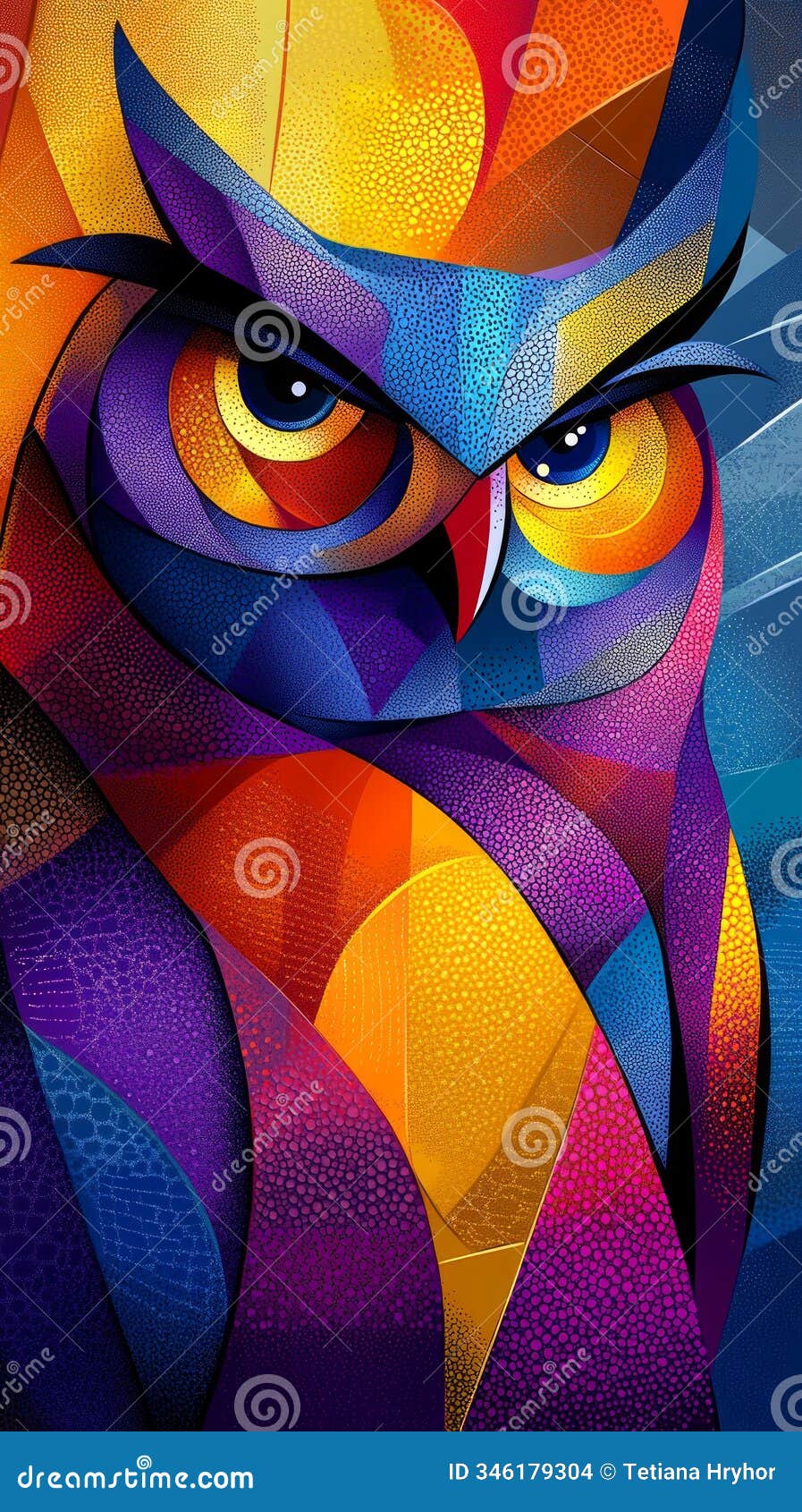 a vibrant owl showcases bold colors and geometric s, featuring bright eyes and a keen expression for an engaging