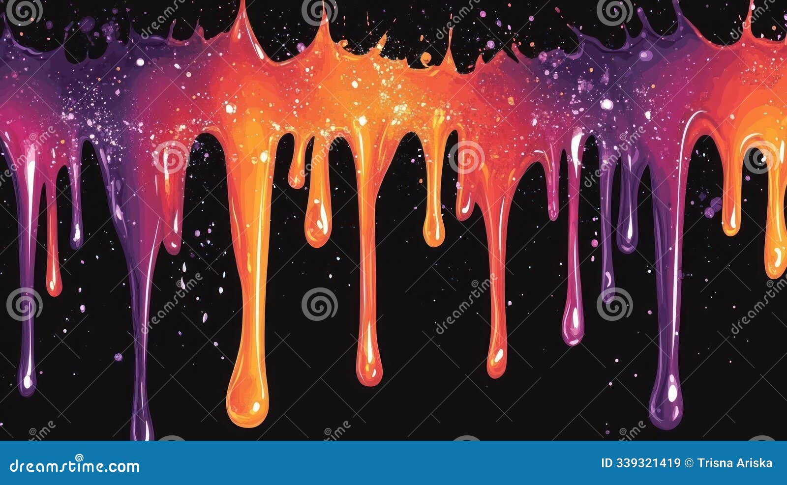 vibrant paint drips in orange, purple, and pink against a black background, creating a dynamic effect