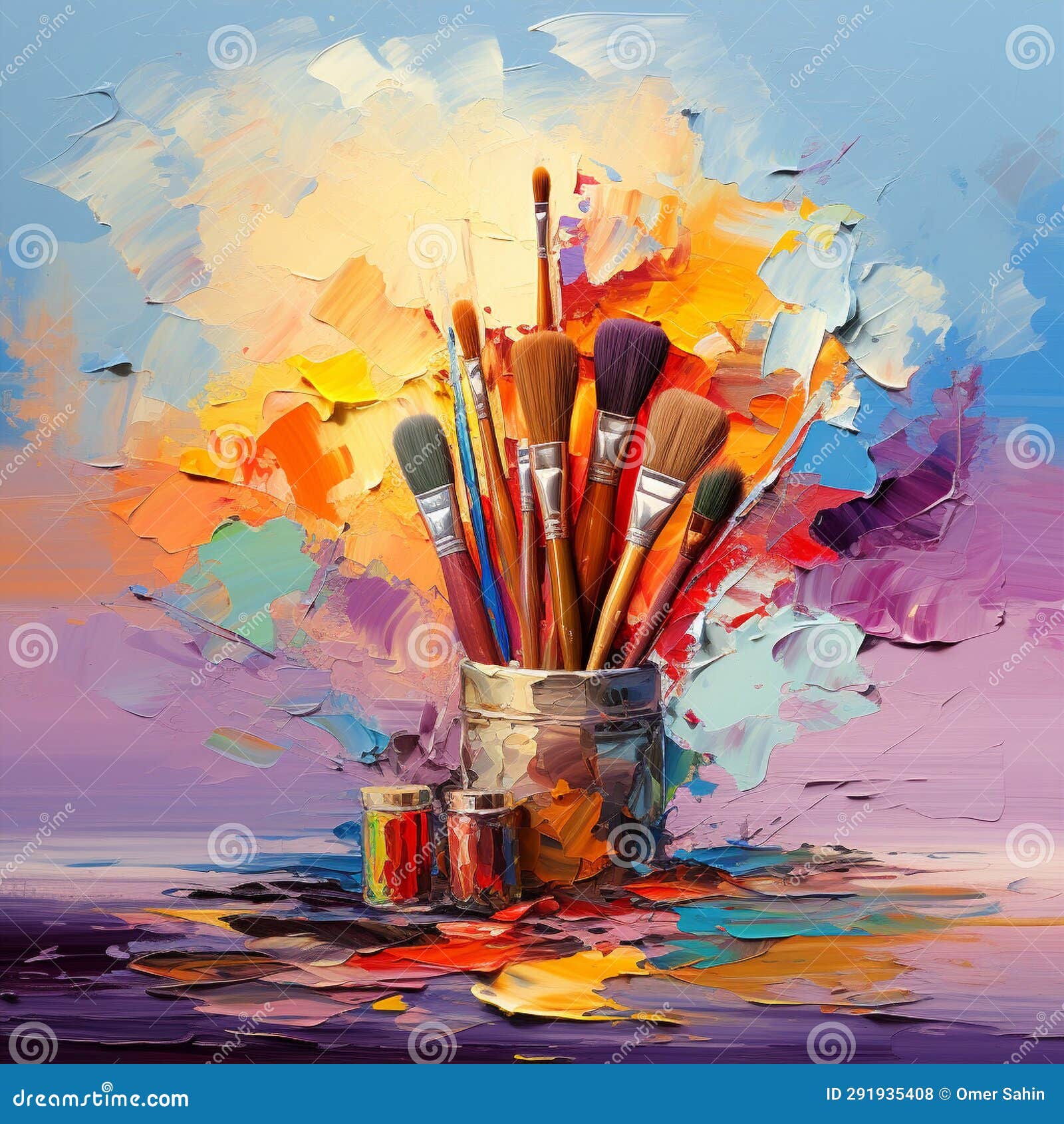 Vibrant Painter S Palette with Explosion of Colors and Unique Brushes