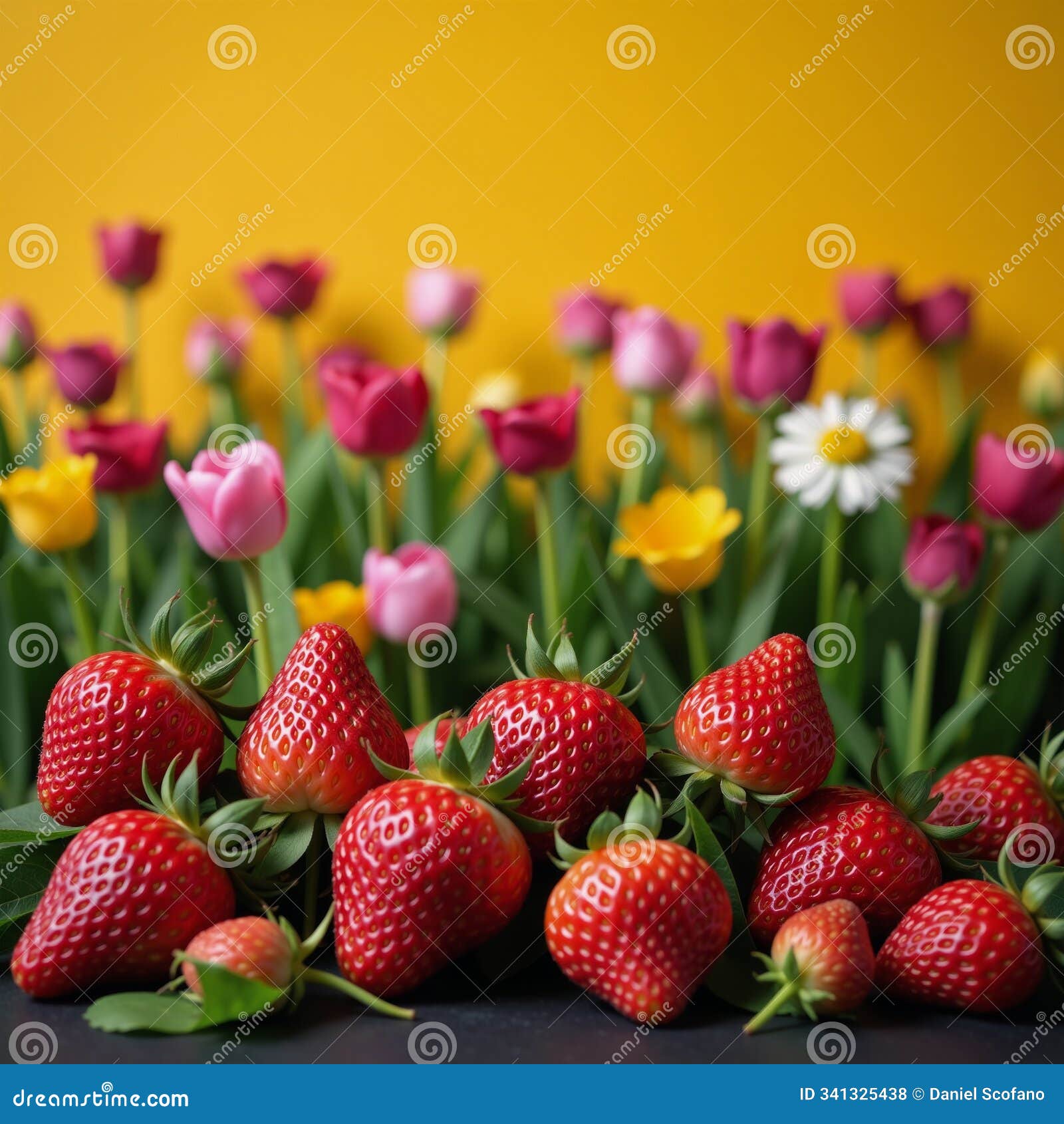 a vibrant painting with colorful flowers and lush strawberries on a golden background