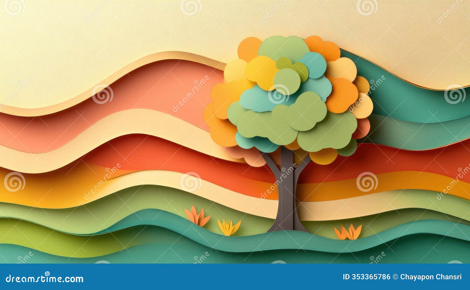 vibrant paper art tree stands against layered colorful waves, izing seasonal themes with playful and creative . warm