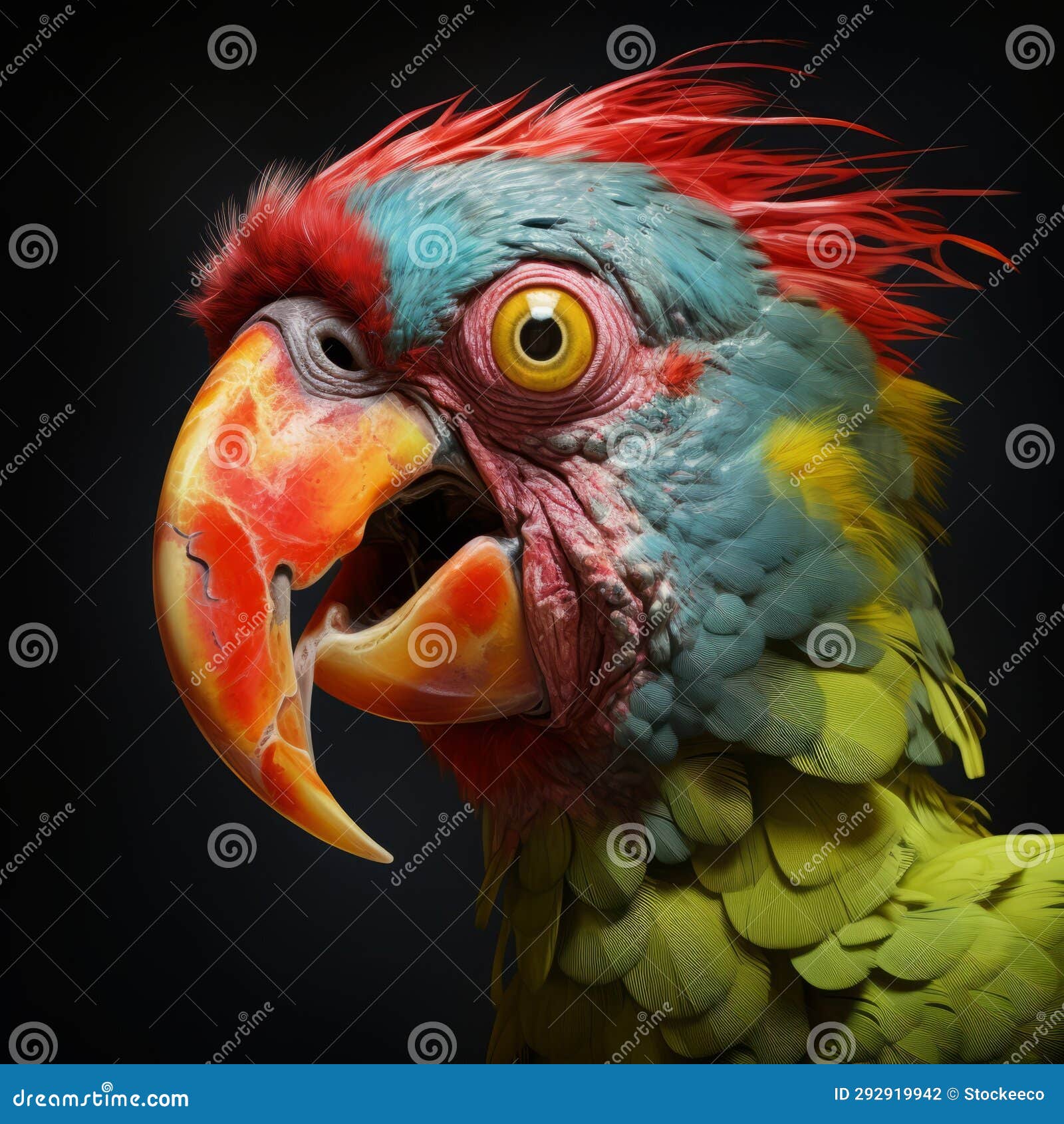 expressive parrot with colorful beaks and red eyes holding a fish