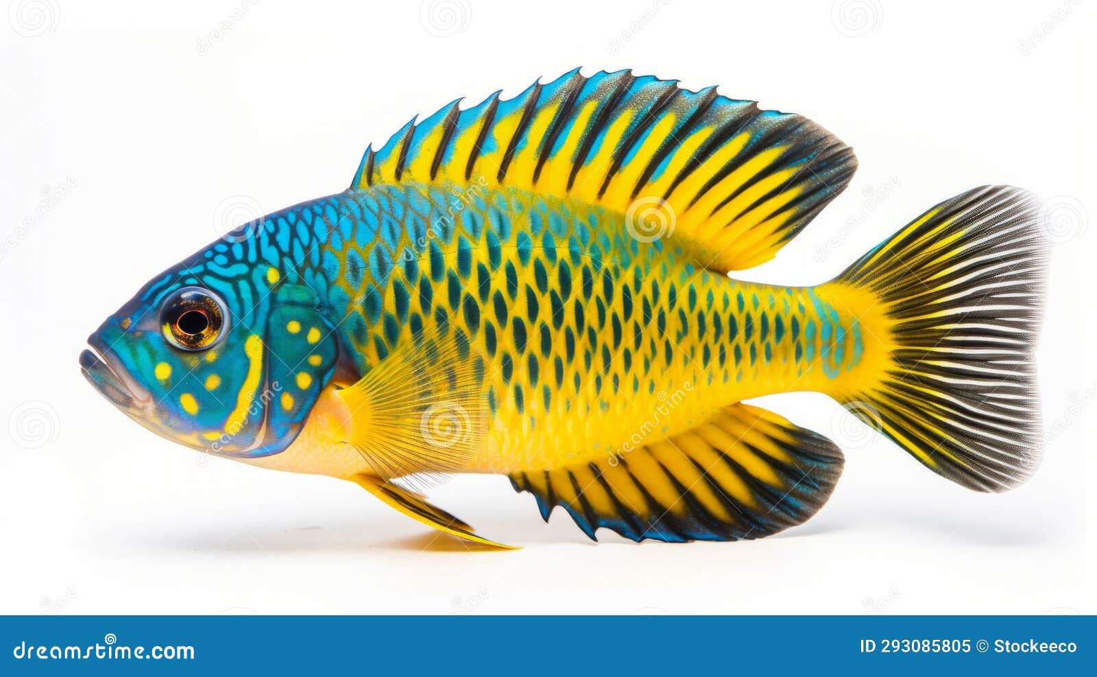 Vibrant Peacock Cichlid: Afro-caribbean Inspired Fish on White