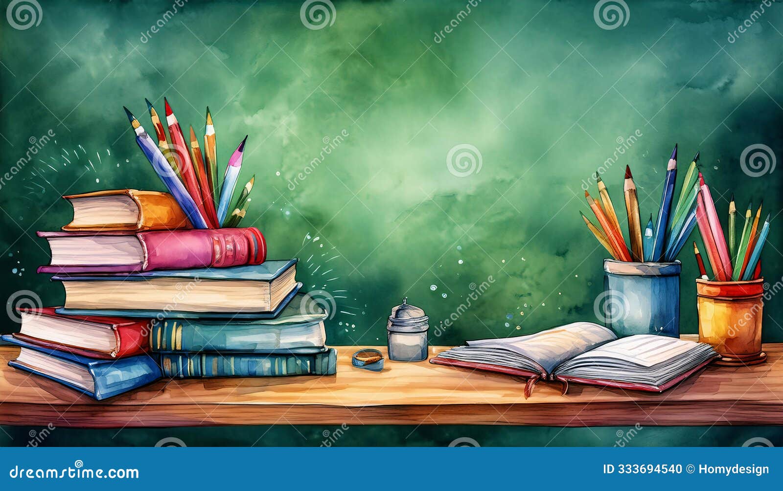 vibrant pencils atop books with chalkboard equations