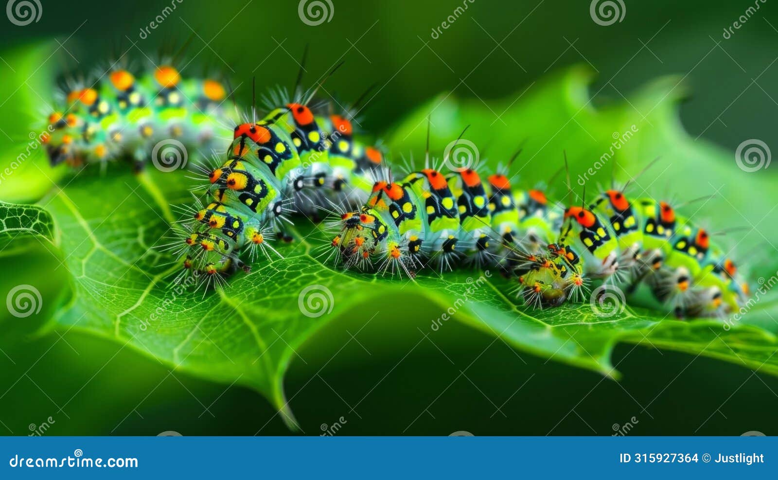 a vibrant photo of a group of caterpillars each with distinct markings and coloration crawling a a bed of lush green