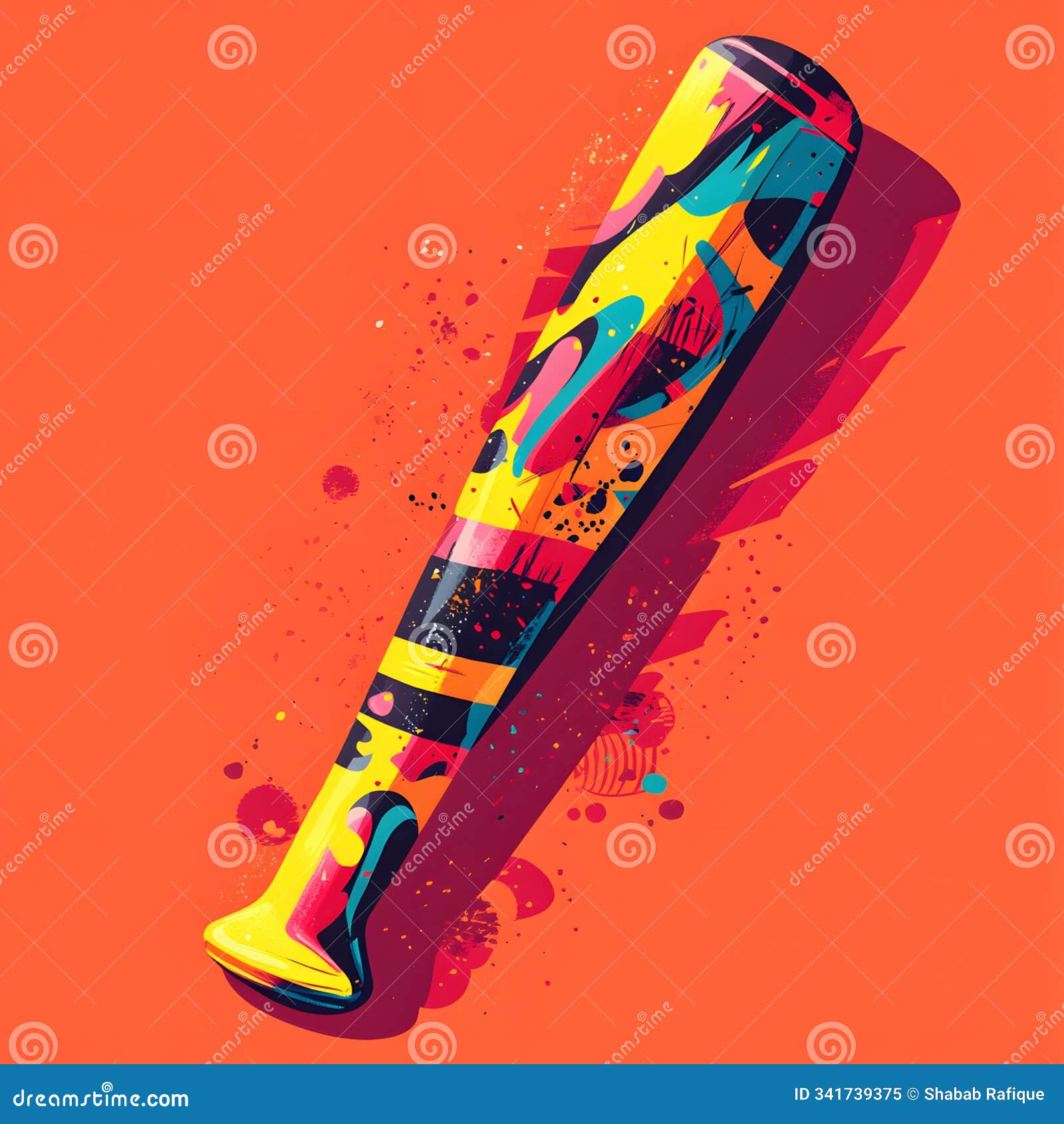 vibrant pop art baseball bat  with graffiti and playful typography