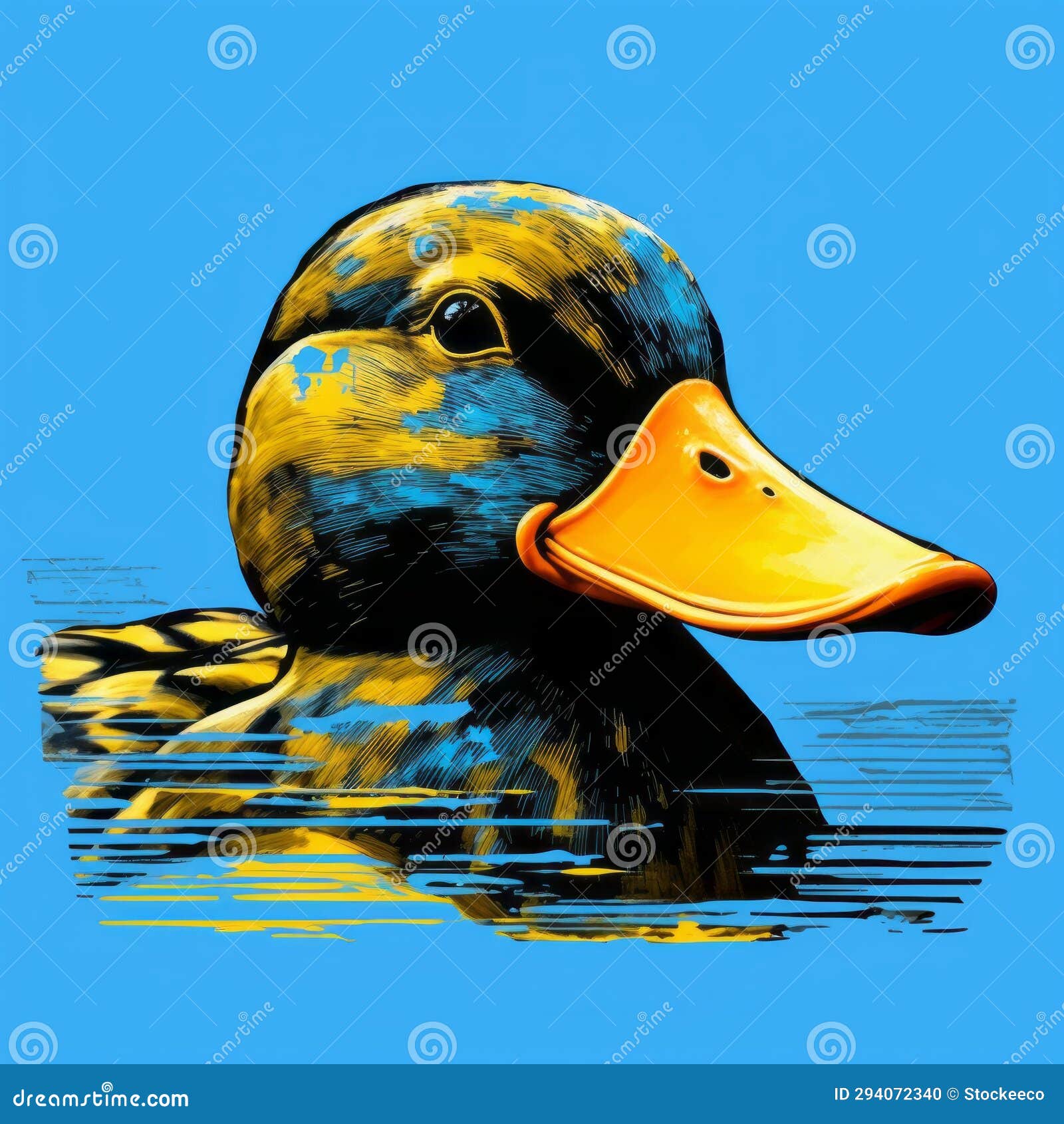 realistic pop art duck sitting on water with blue background