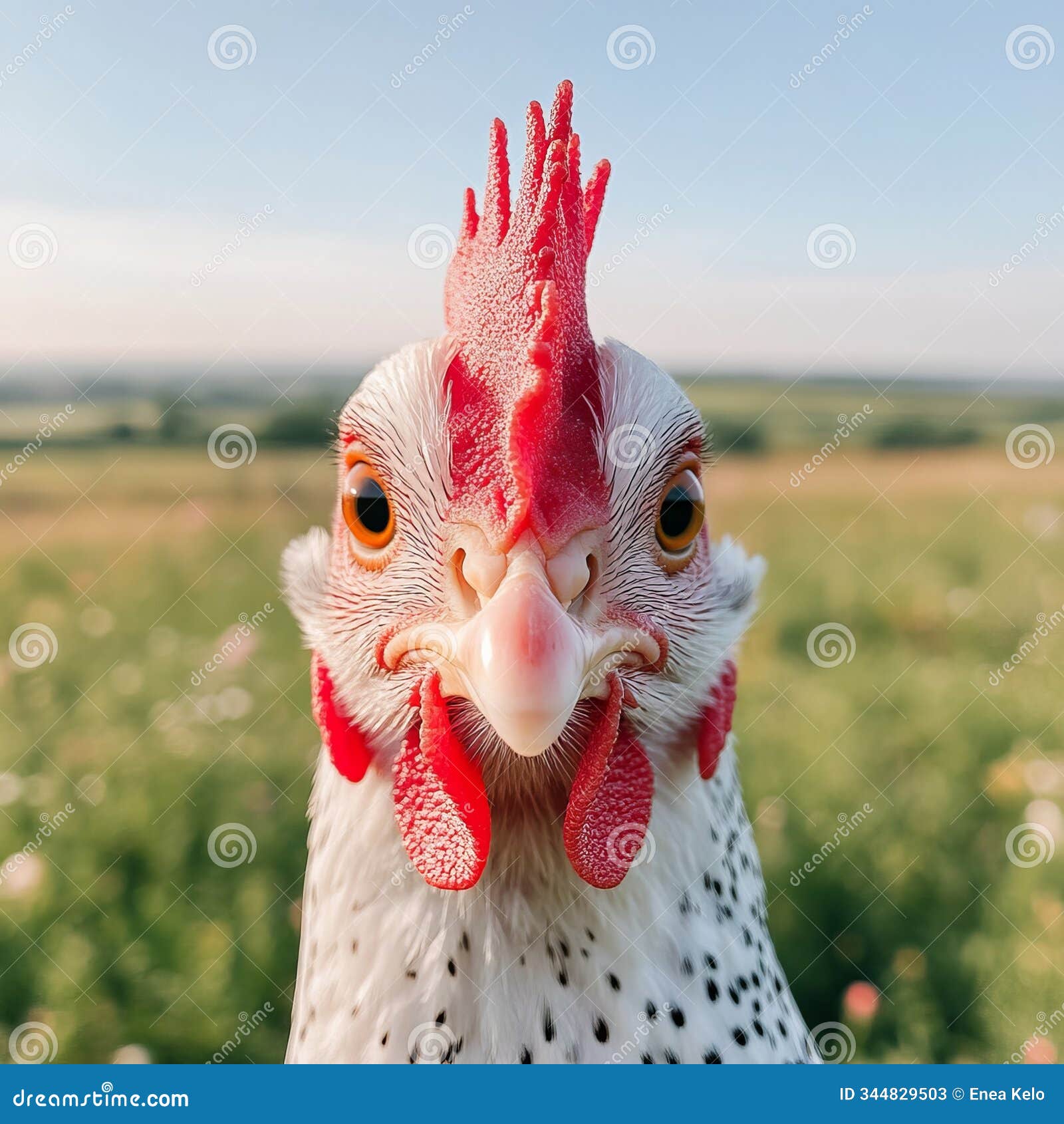 close-up of a charming hen with bright feathers and curious gaze