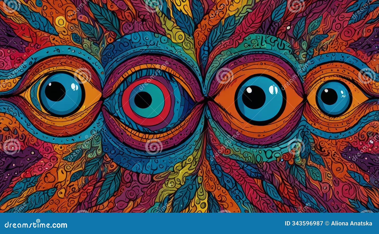 vibrant psychedelic artwork featuring colorful eyes surrounded by intricate patterns