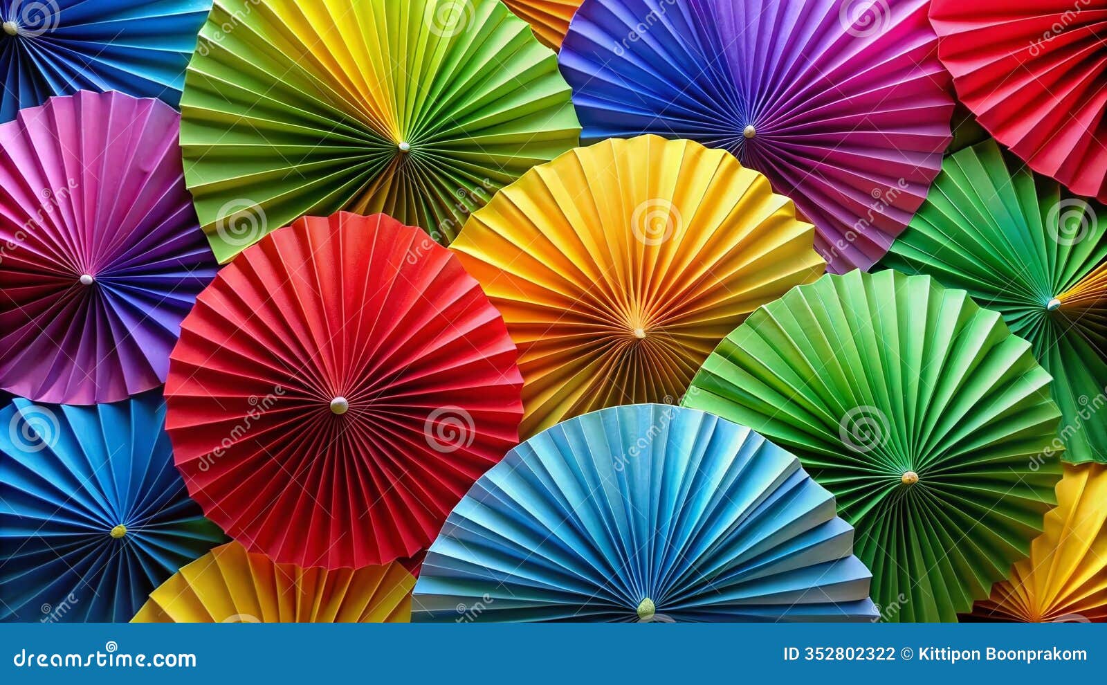 vibrant rainbow paper fans: intricate curves and stunning depth of field showcase a playful kaleidoscope