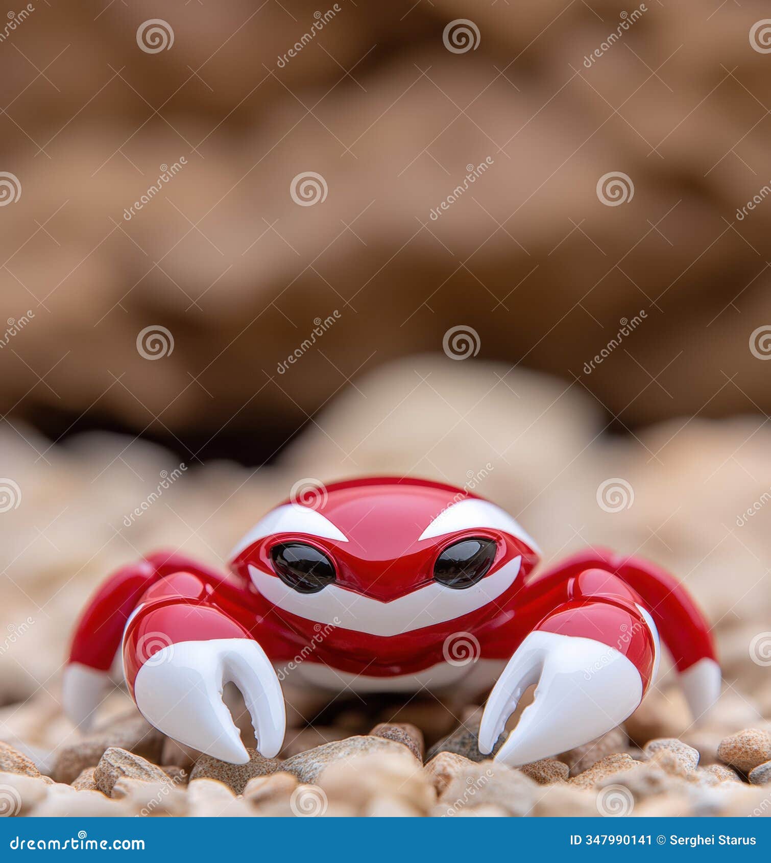 red toy crab with glossy finish sits on pebbles, showcasing playful , ai