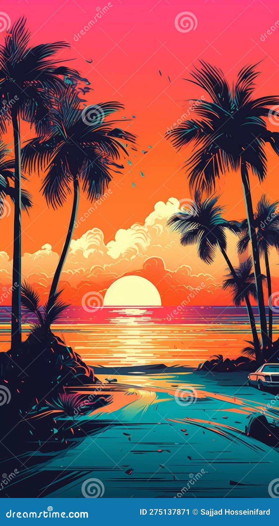 Vibrant Retro Pop Art Stunning Beach Two Palm Trees 8k Stock ...