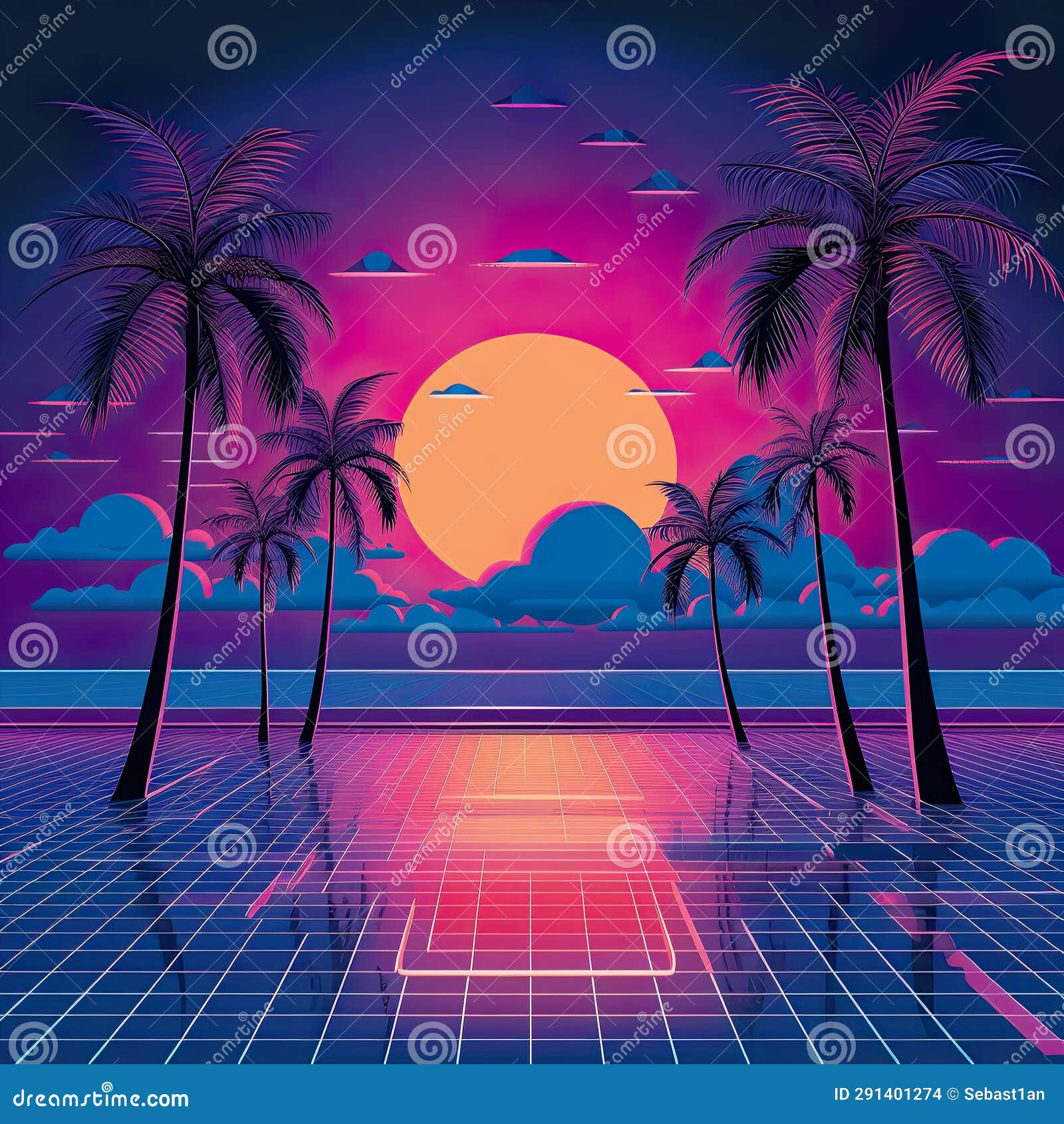 vibrant retro 80's neon background essence of a bygone era, complete with palm trees and a mesmerizing sunset.