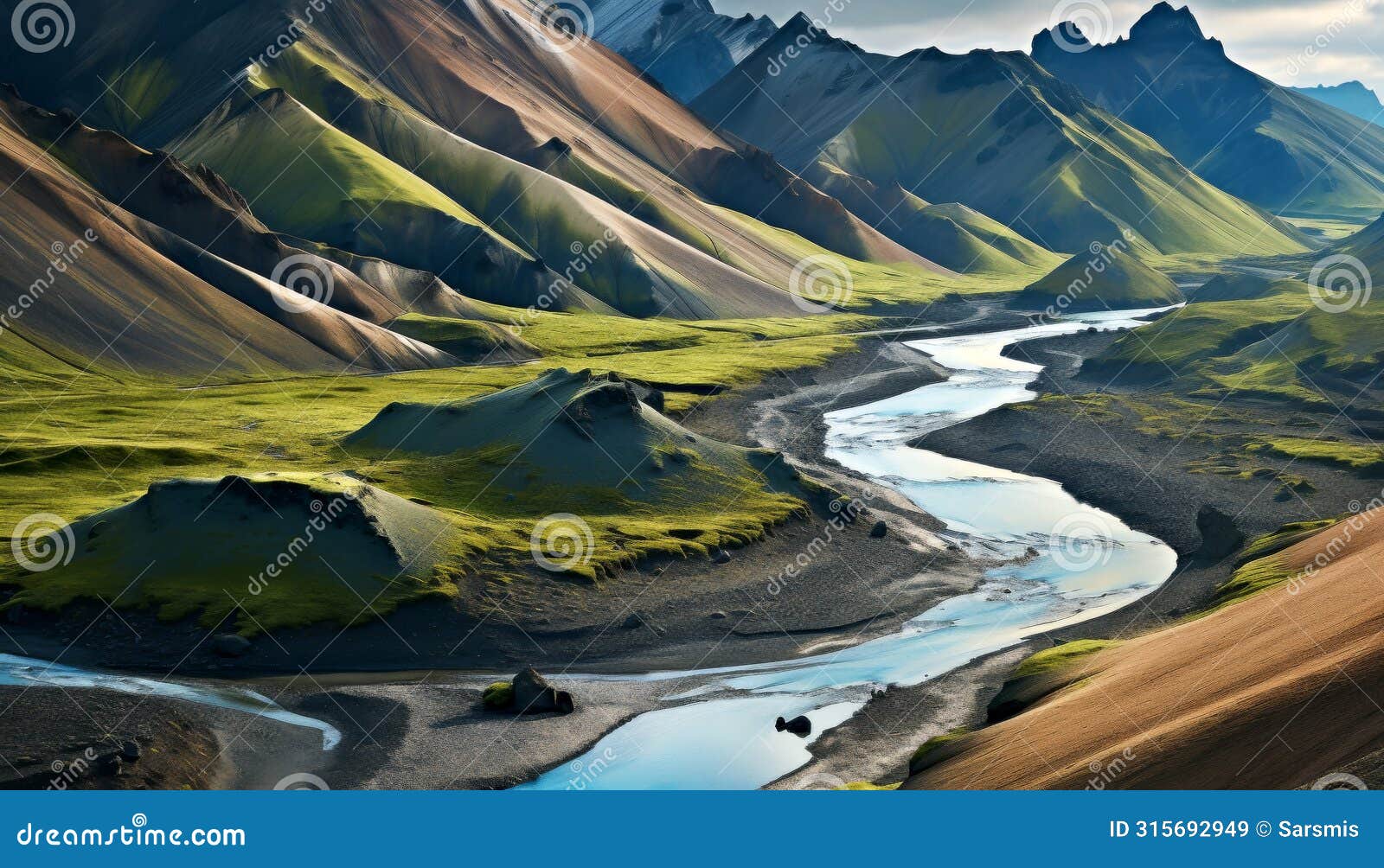 vibrant rhyolite mountains and winding river in iceland. landmannalaugar multicolored rhyolite peaks