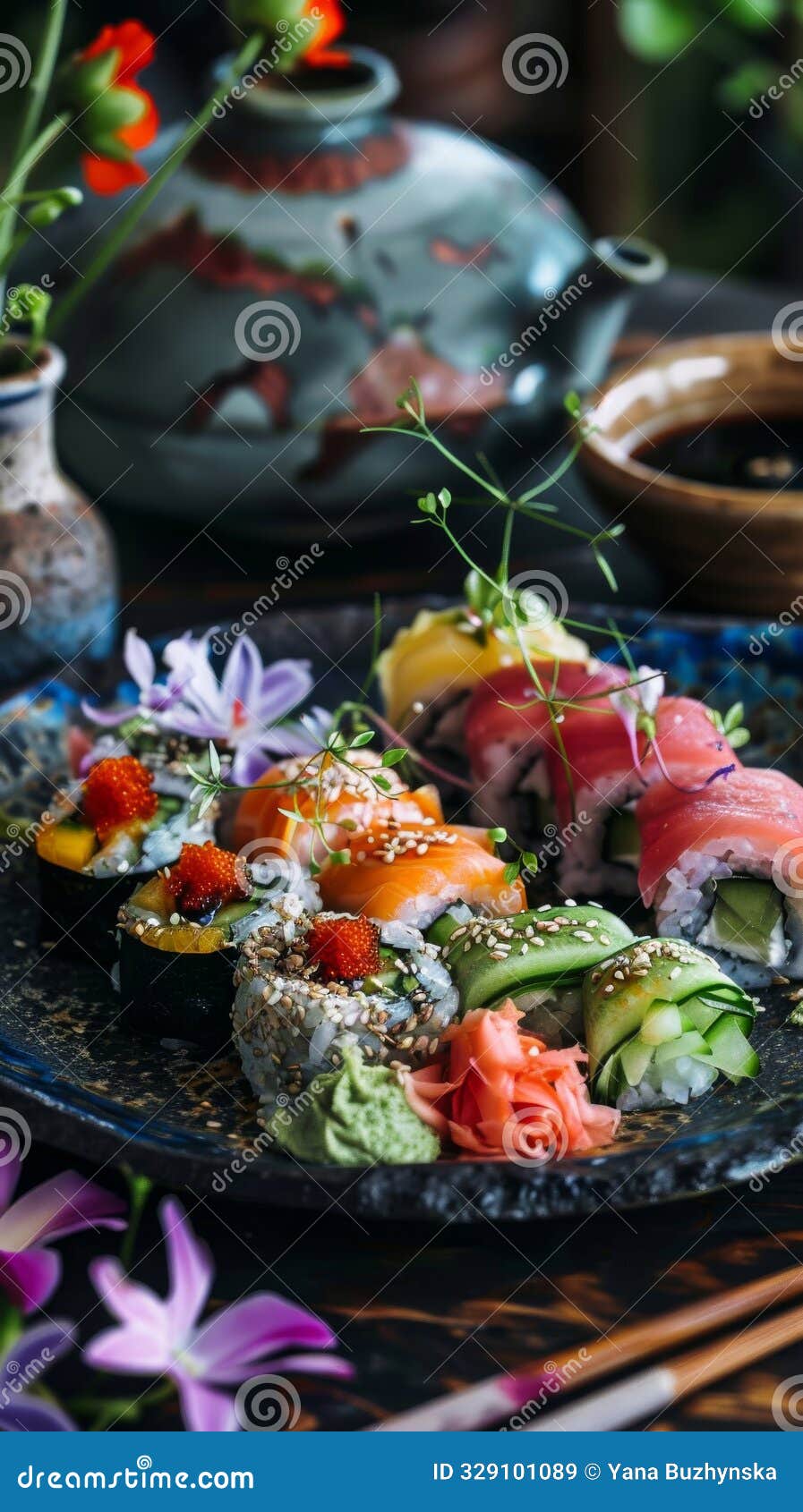 a vibrant selection of colorful vegetarian sushi rolls featuring ingredients like avocado, cucumber, carrots, and pickled radish,