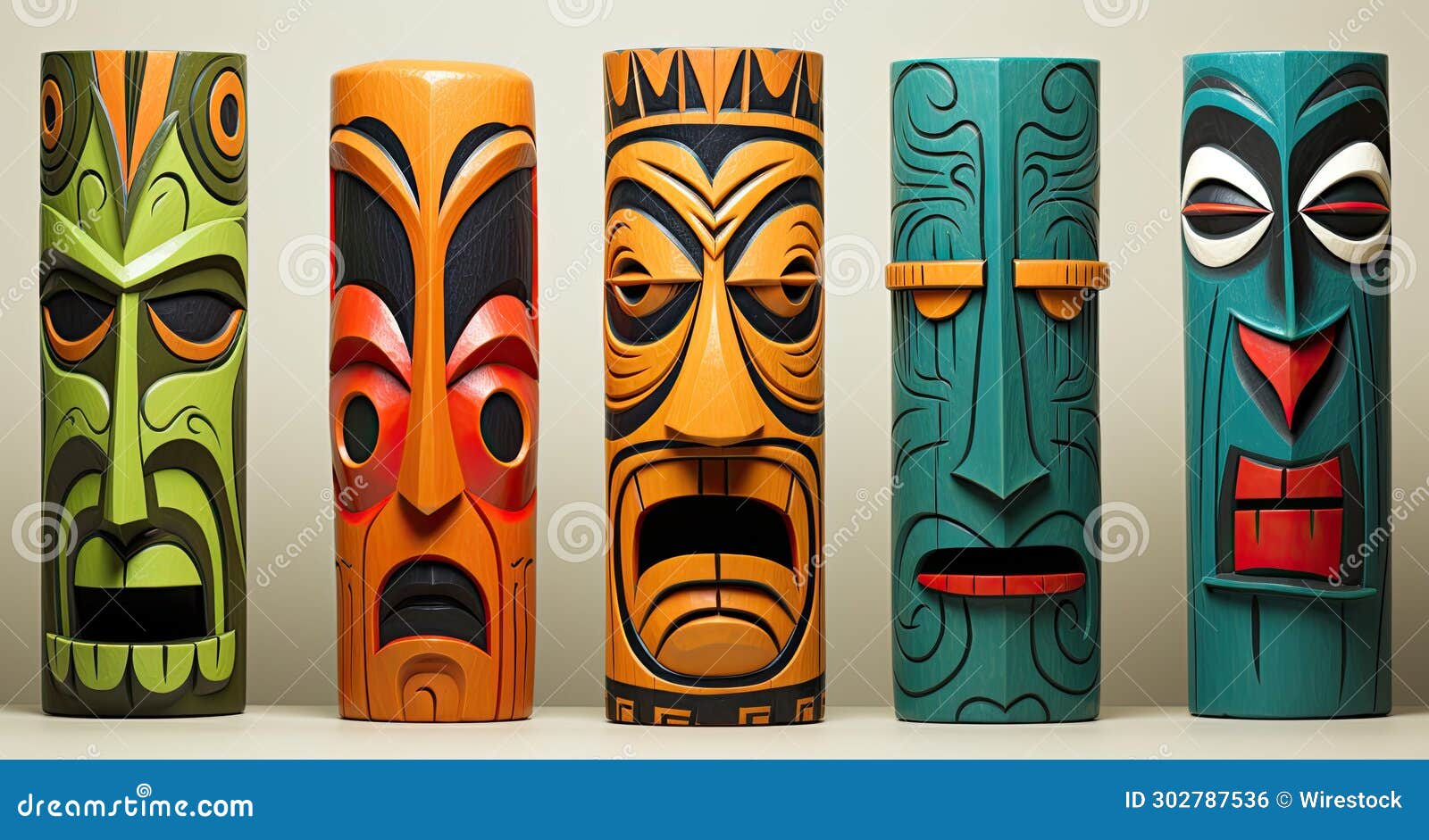 vibrant set of painted wooden tikis arranged in a line on a white background, ai-generated.