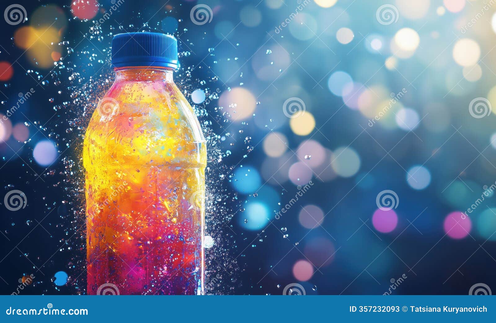 vibrant sparkling beverage bottle with colorful bokeh background, showcasing refreshing drink and effervescence