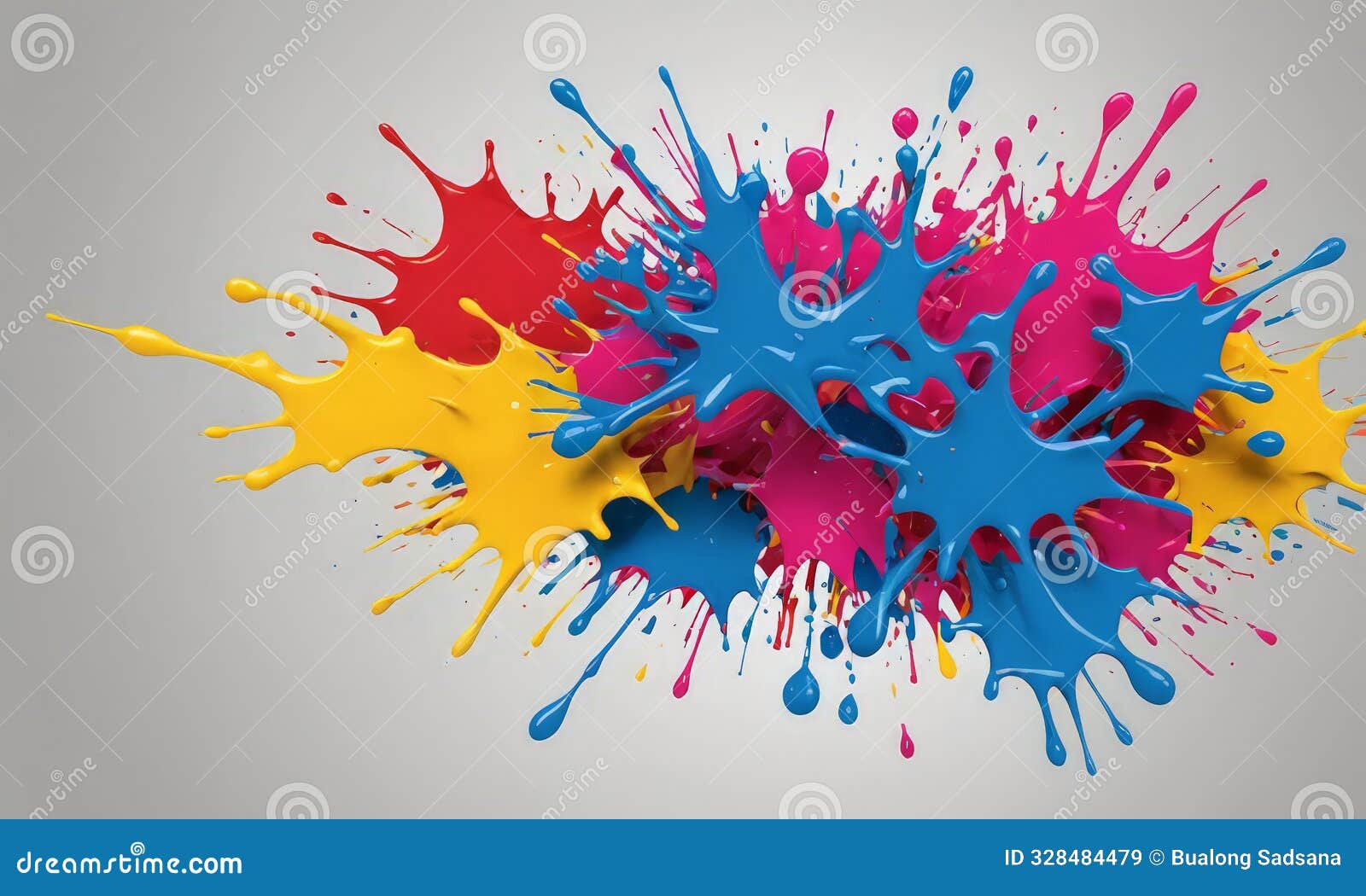 vibrant splash paint in red, yellow, and blue creates dynamic and energetic composition against gray