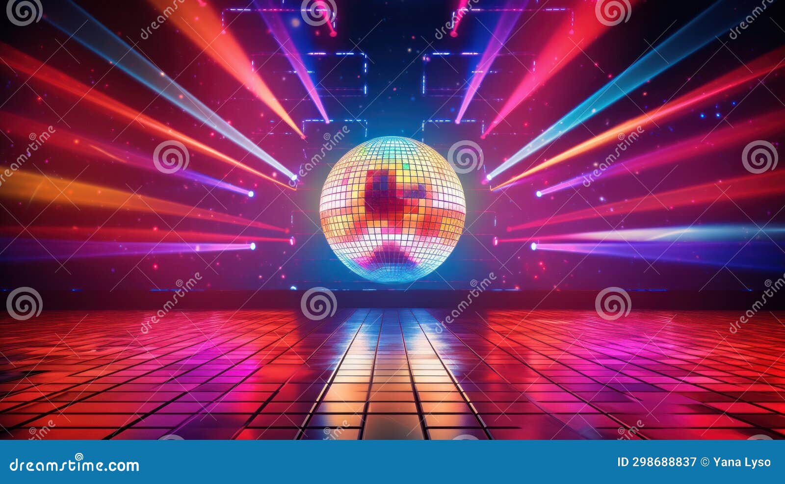 Vibrant nightclub with modern decoration, disco ball and multi