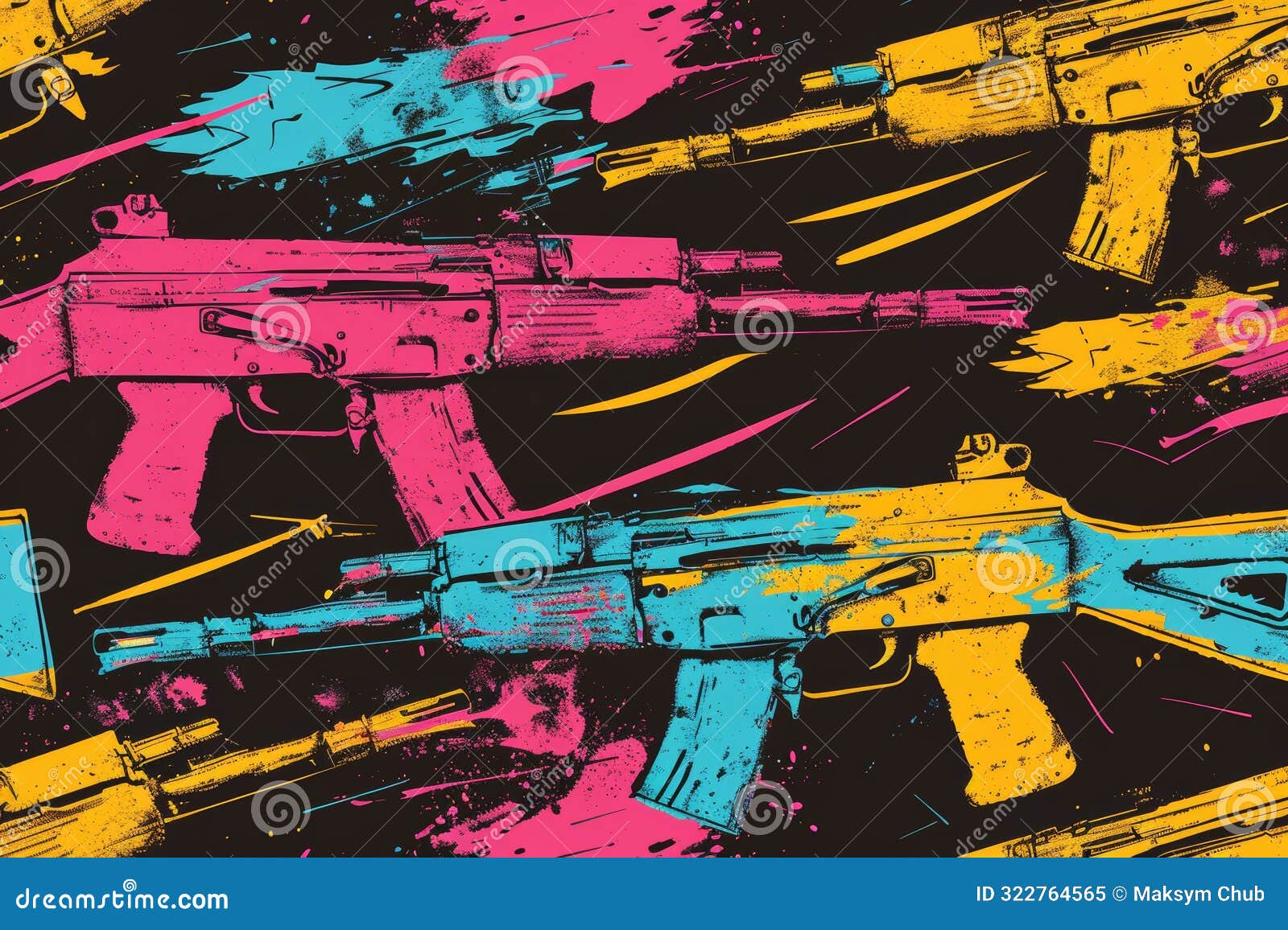 vibrant submachine guns pattern on black with dynamic neon stripes for captivating visual 