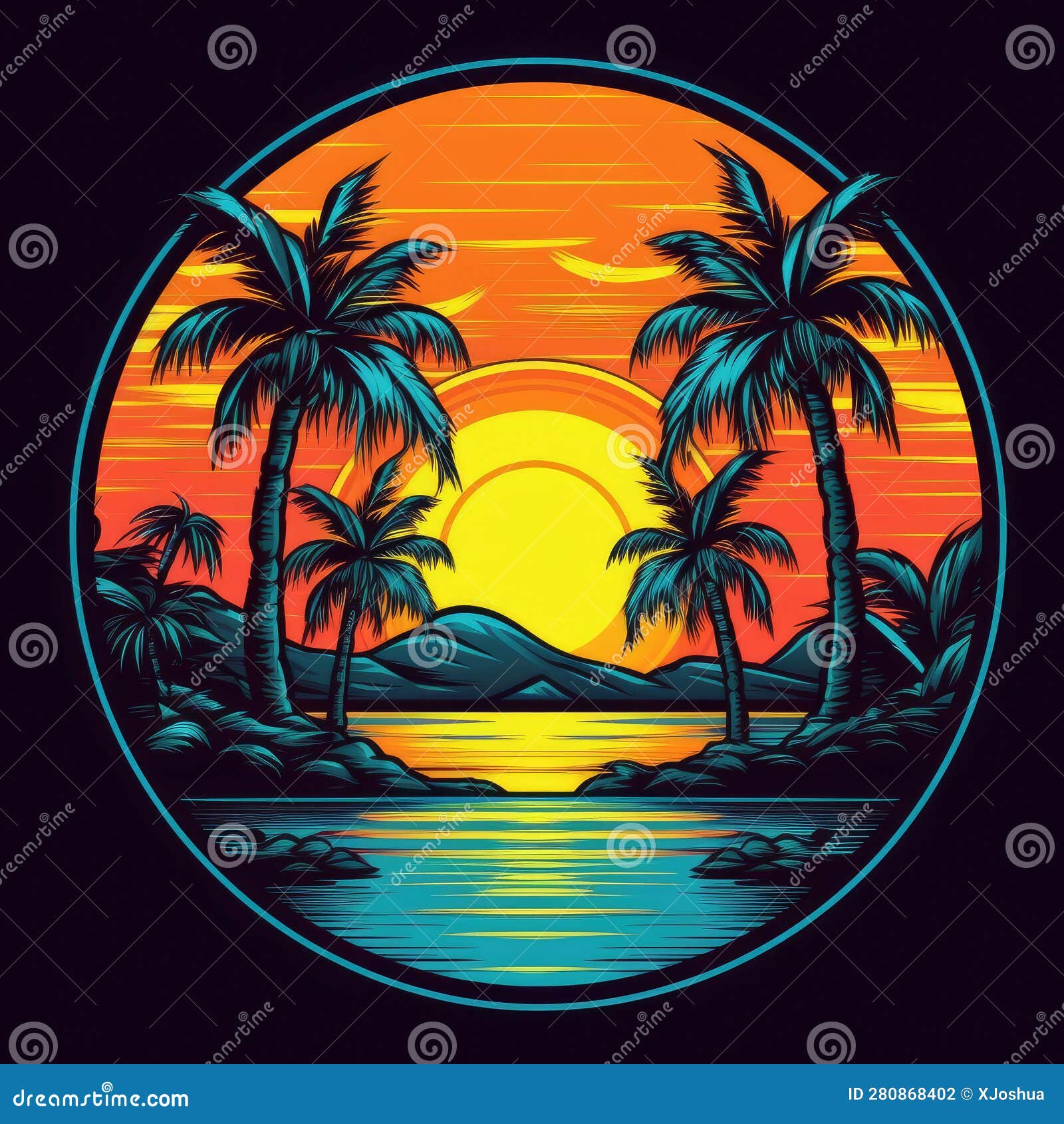 Cartoon Palm Tree Sunset Beach Graphic with a Summer Atmosphere and a ...