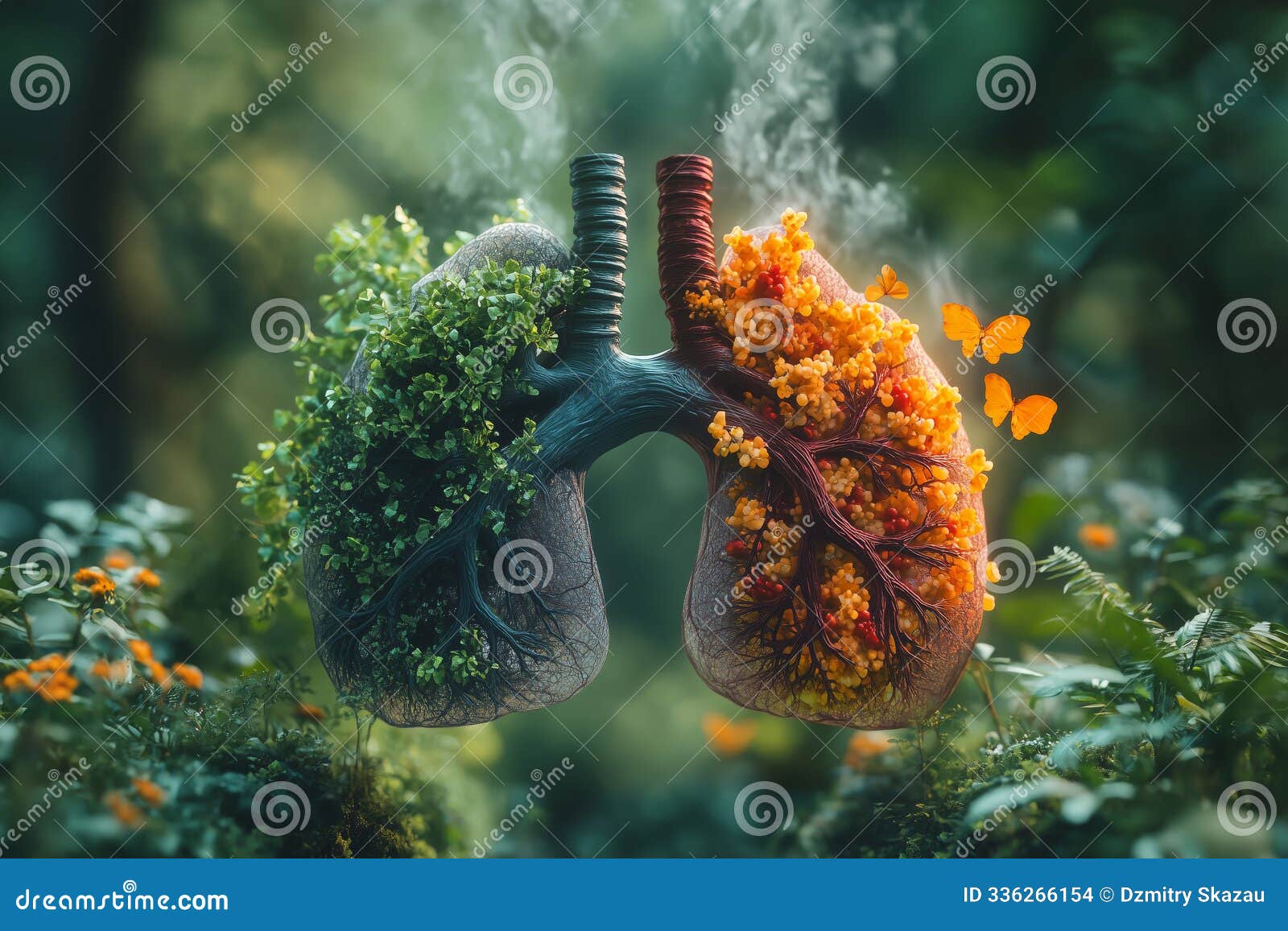 a vibrant and surreal depiction of lungs thriving in a lush forest, izing the balance between nature and human