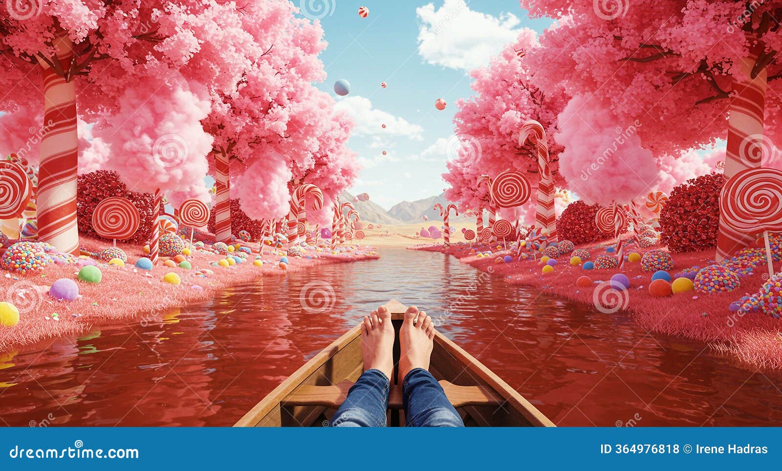 a vibrant, surreal scene depicts a candy-themed landscape. pink, cotton candy-like