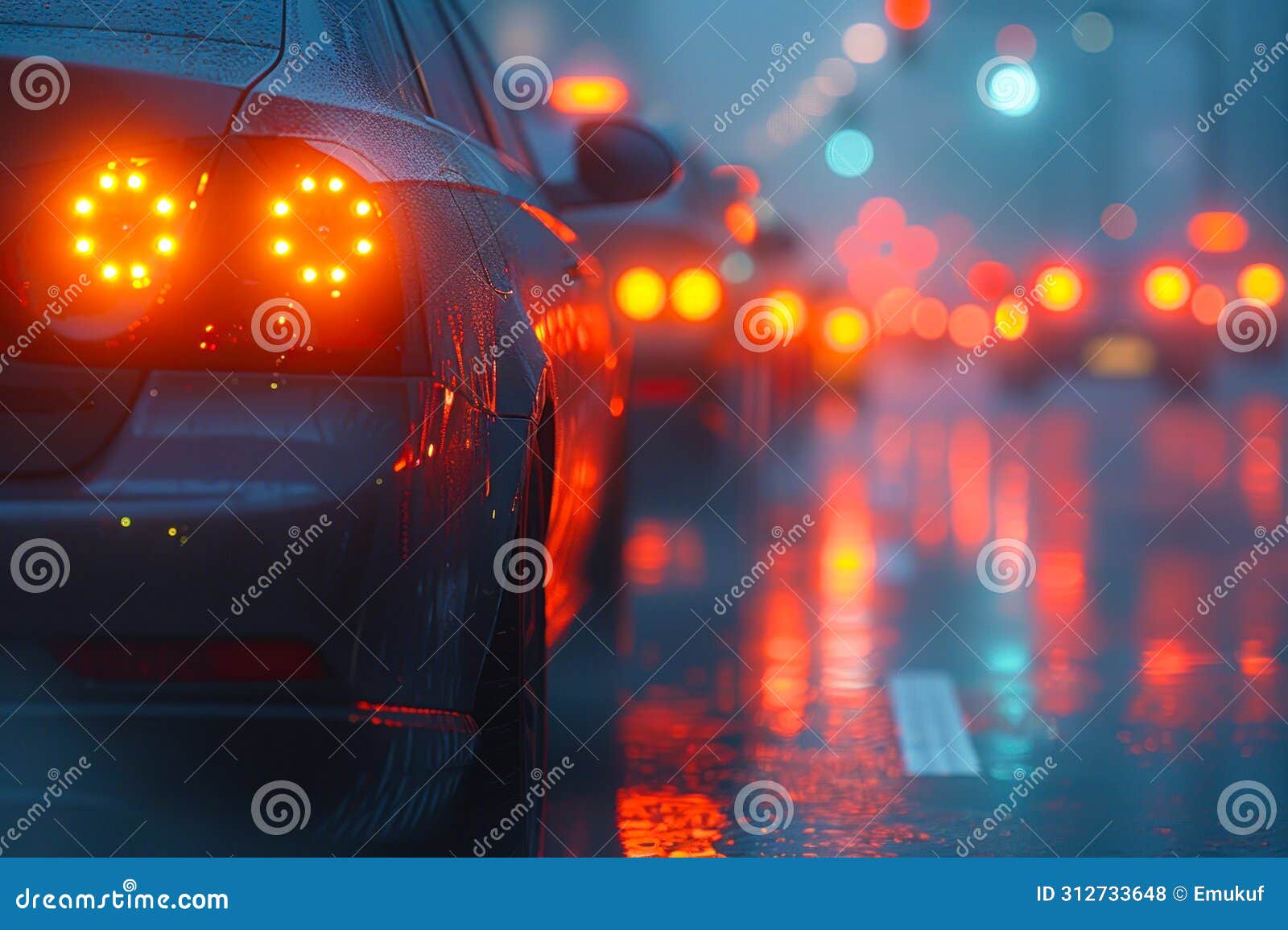 vibrant taillights in nighttime traffic jam.