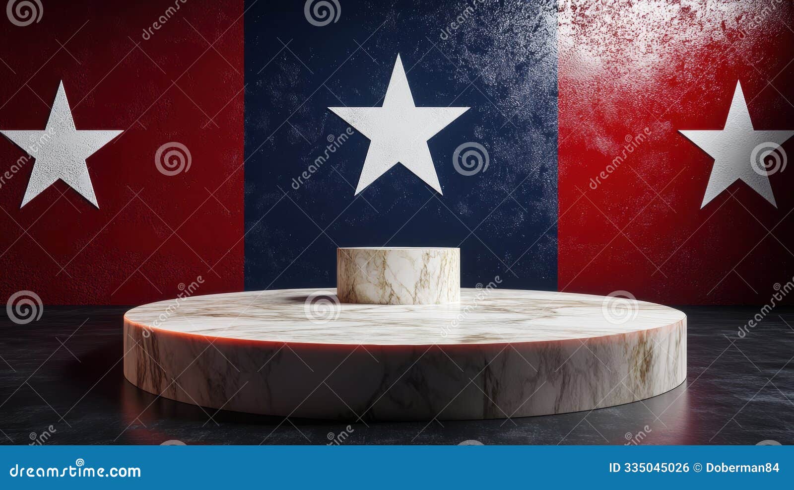 vibrant texas flag themed interior with bold red, white, and blue backdrop featuring stars and rustic texture