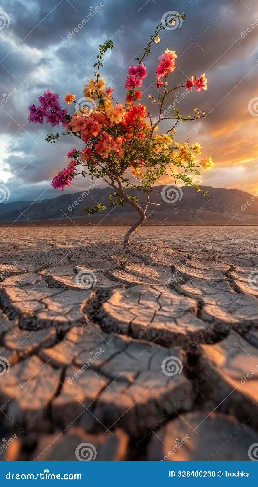 vibrant tree with flowers in barren desert at sunset