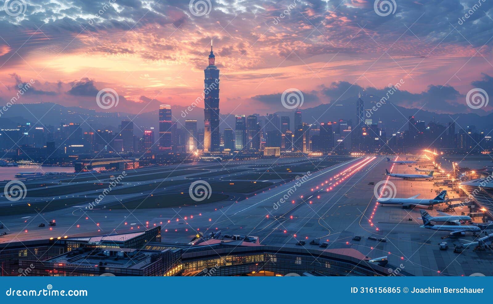 vibrant urban airport scene with aircraft departing and arriving amidst city skyscrapers