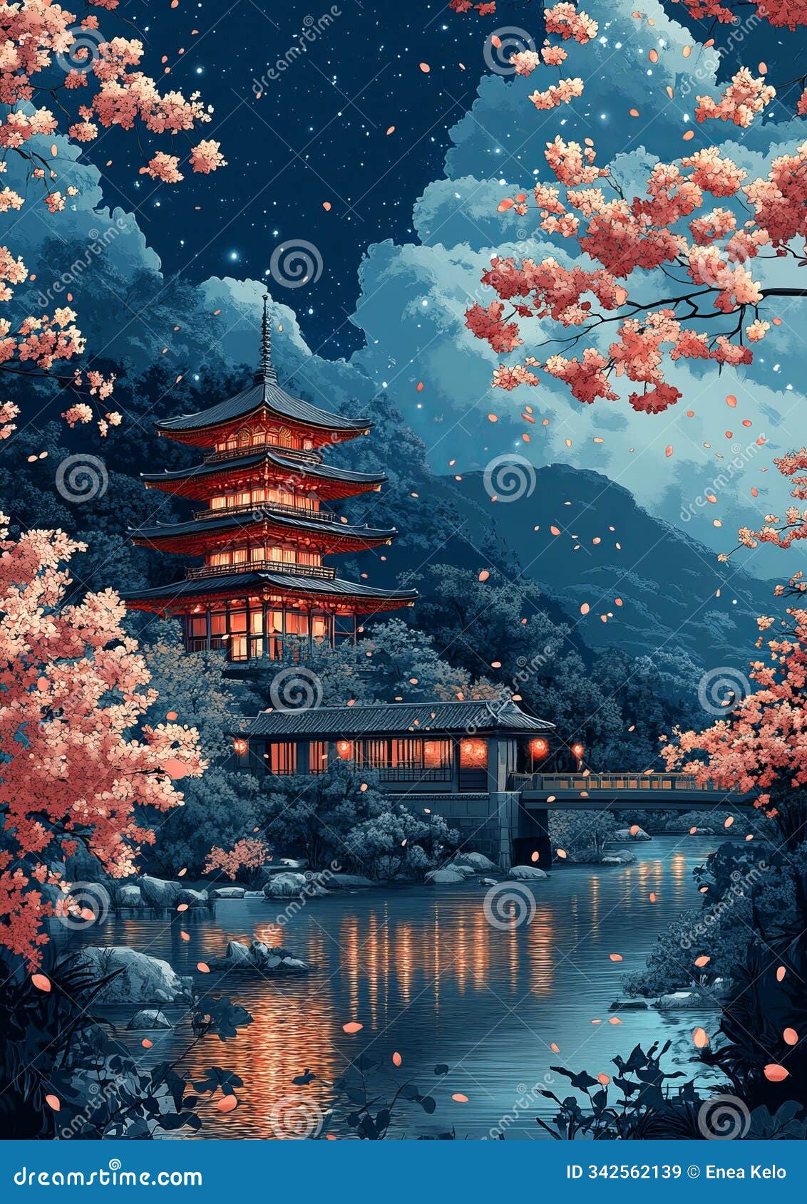 kyoto cherry blossoms under a starlit sky
