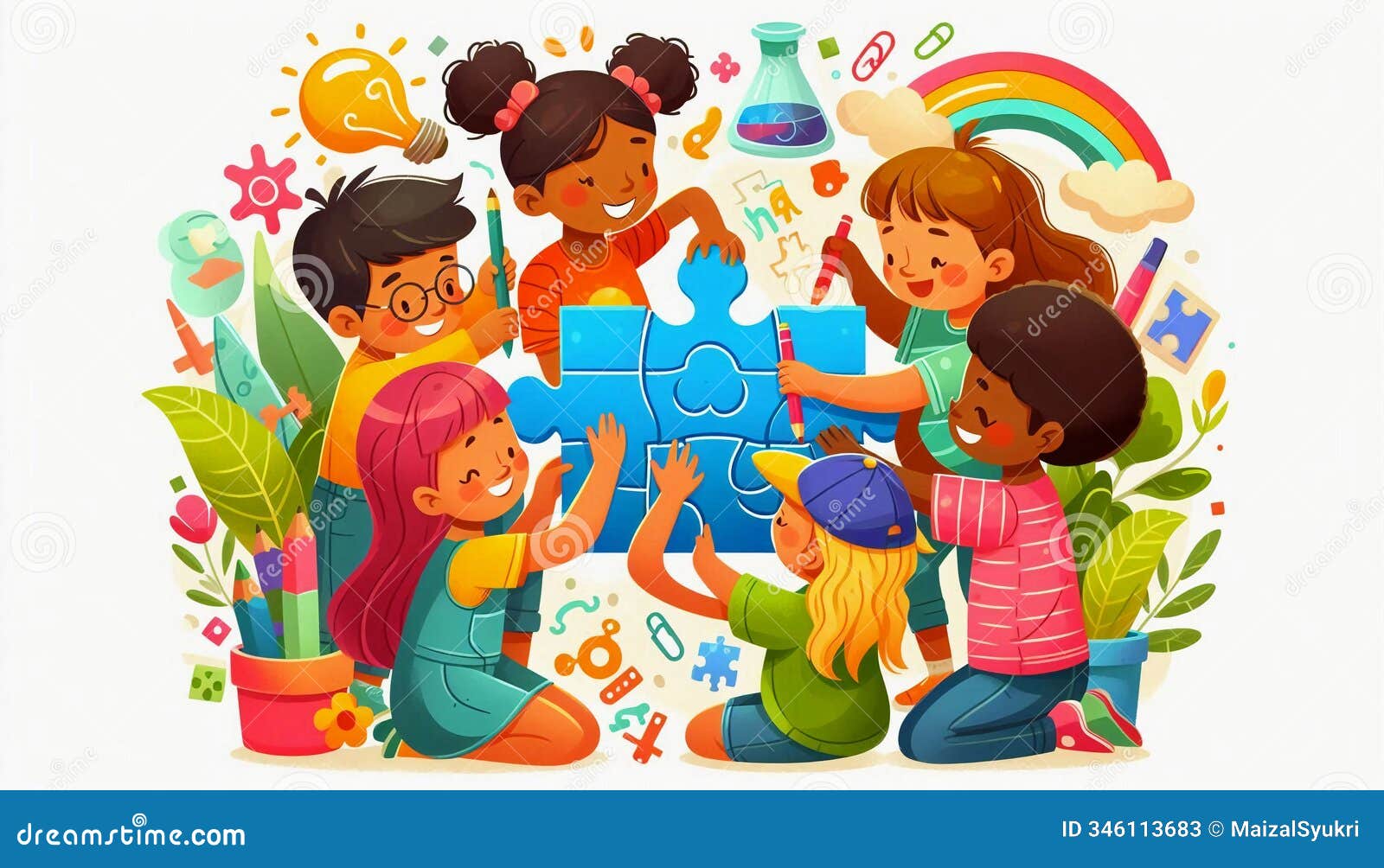 diverse kids solving a puzzle together, teamwork and problem-solving, flat ,  vibrant colors