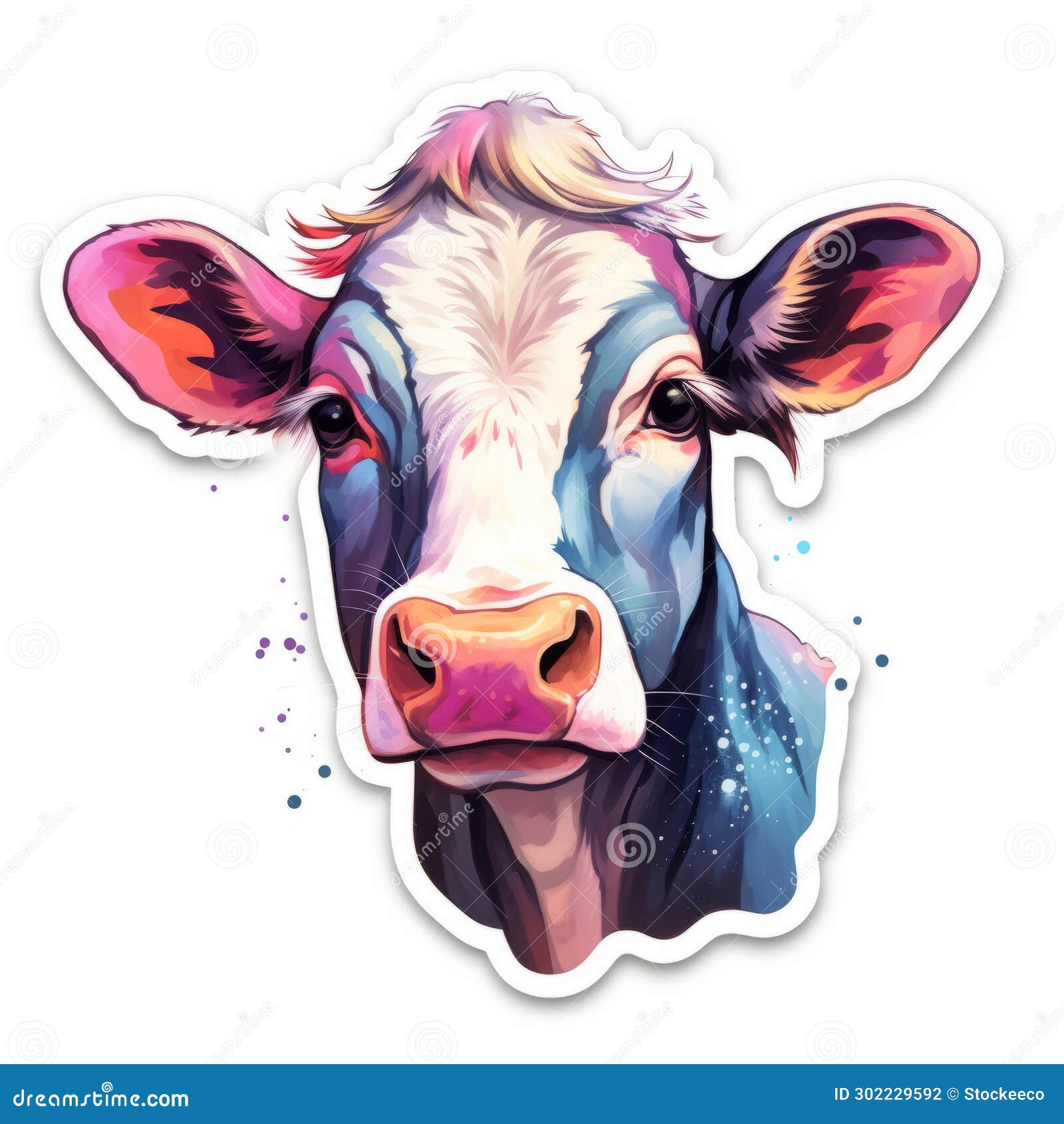 vibrant watercolor cow sticker in hyper-realistic style