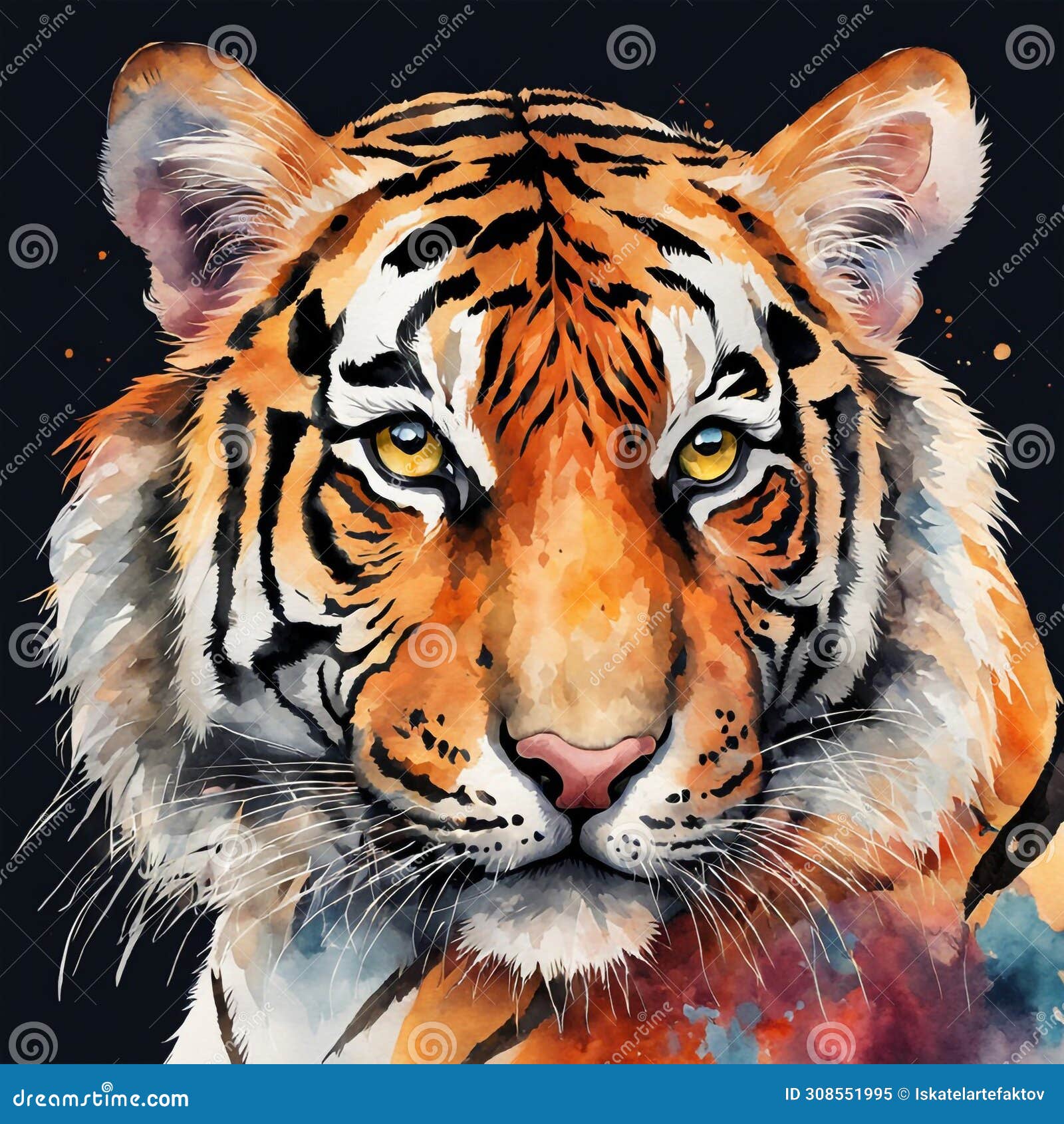 this is a vibrant watercolor painting of a tiger's face, showcasing intense and captivating details. ai generated