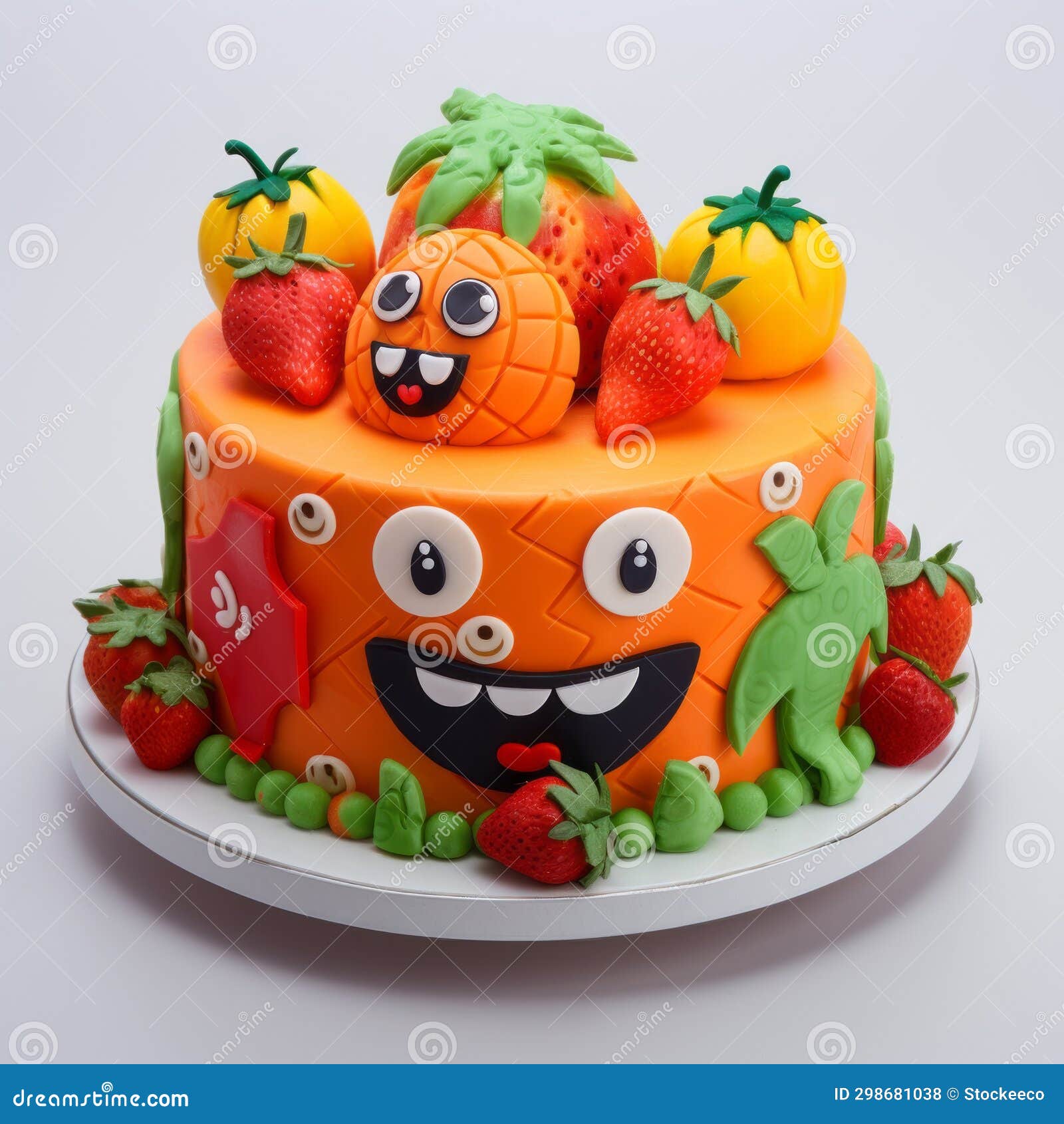 colorful fruit and faces cake: a playful and artistic delight
