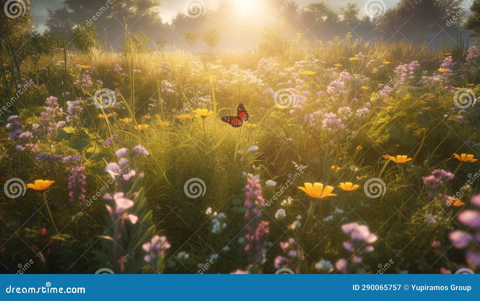 Vibrant Wildflowers Bloom in a Meadow, Kissed by the Sunset Generated