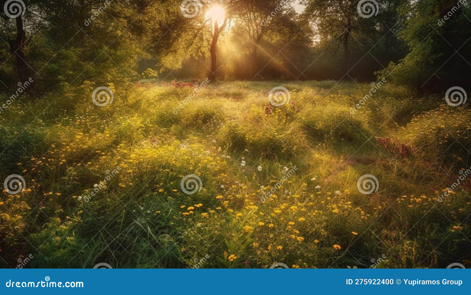 Vibrant Wildflowers Bloom in the Meadow Sunlight Generated by AI Stock