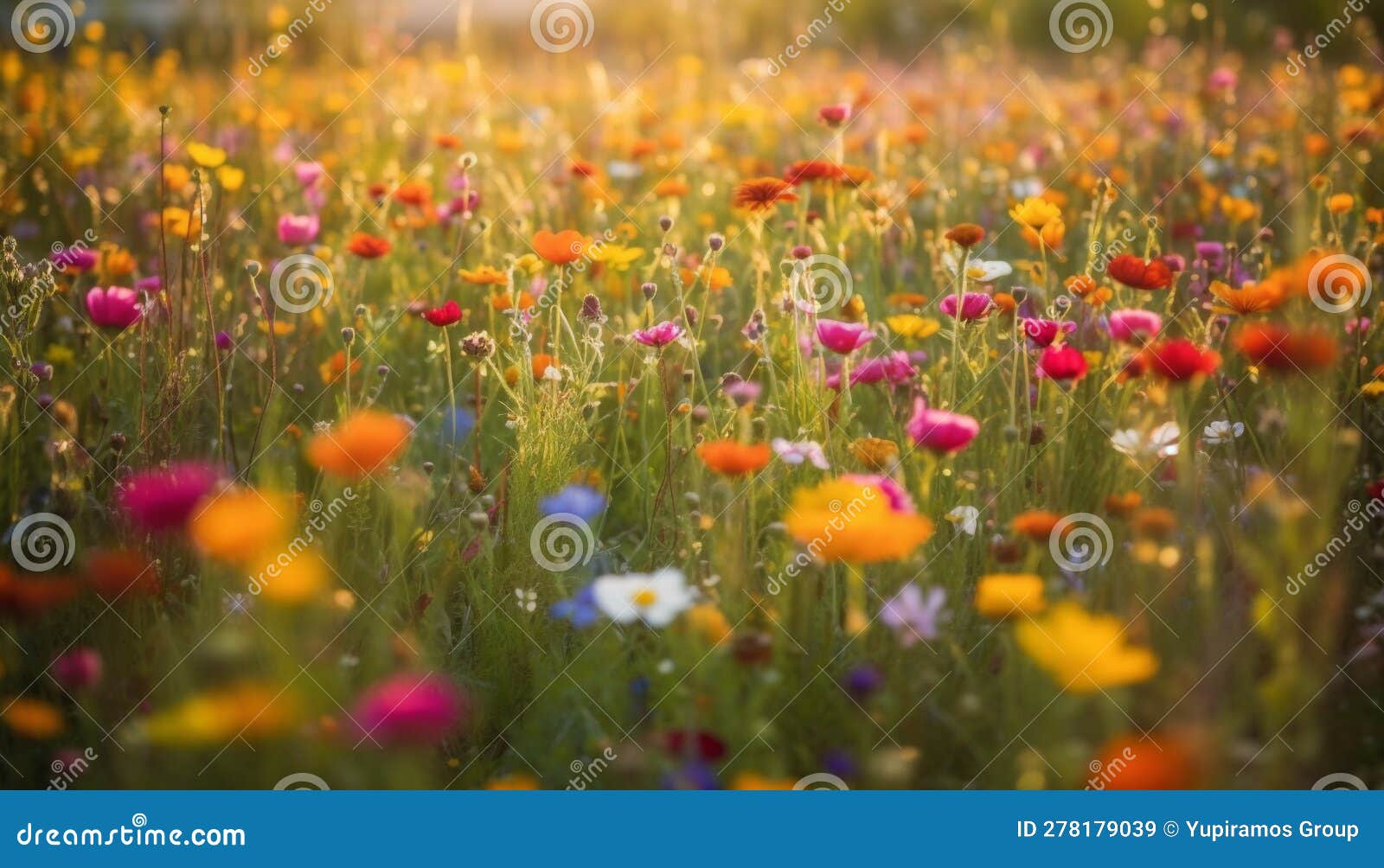 Vibrant Wildflowers Bloom in Tranquil Rural Meadow Generated by AI