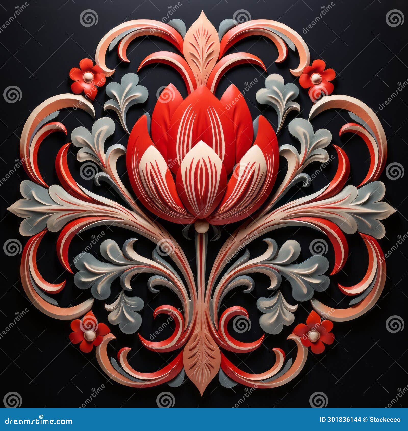 vibrant woodcarving-inspired flower with three red petals