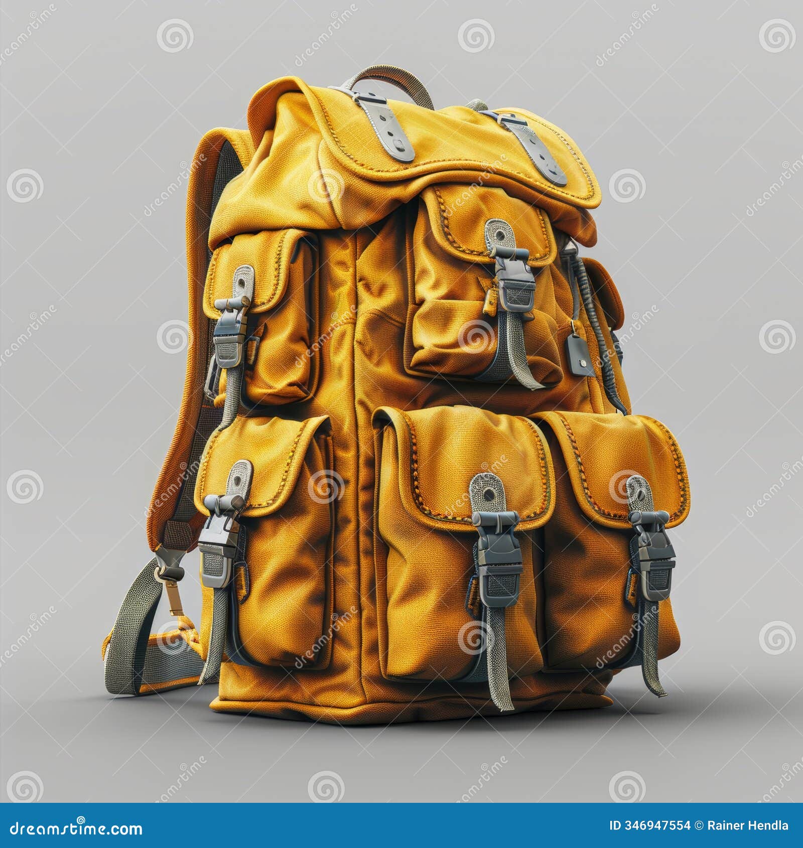 yellow backpack with pockets showcased on a neutral backdrop