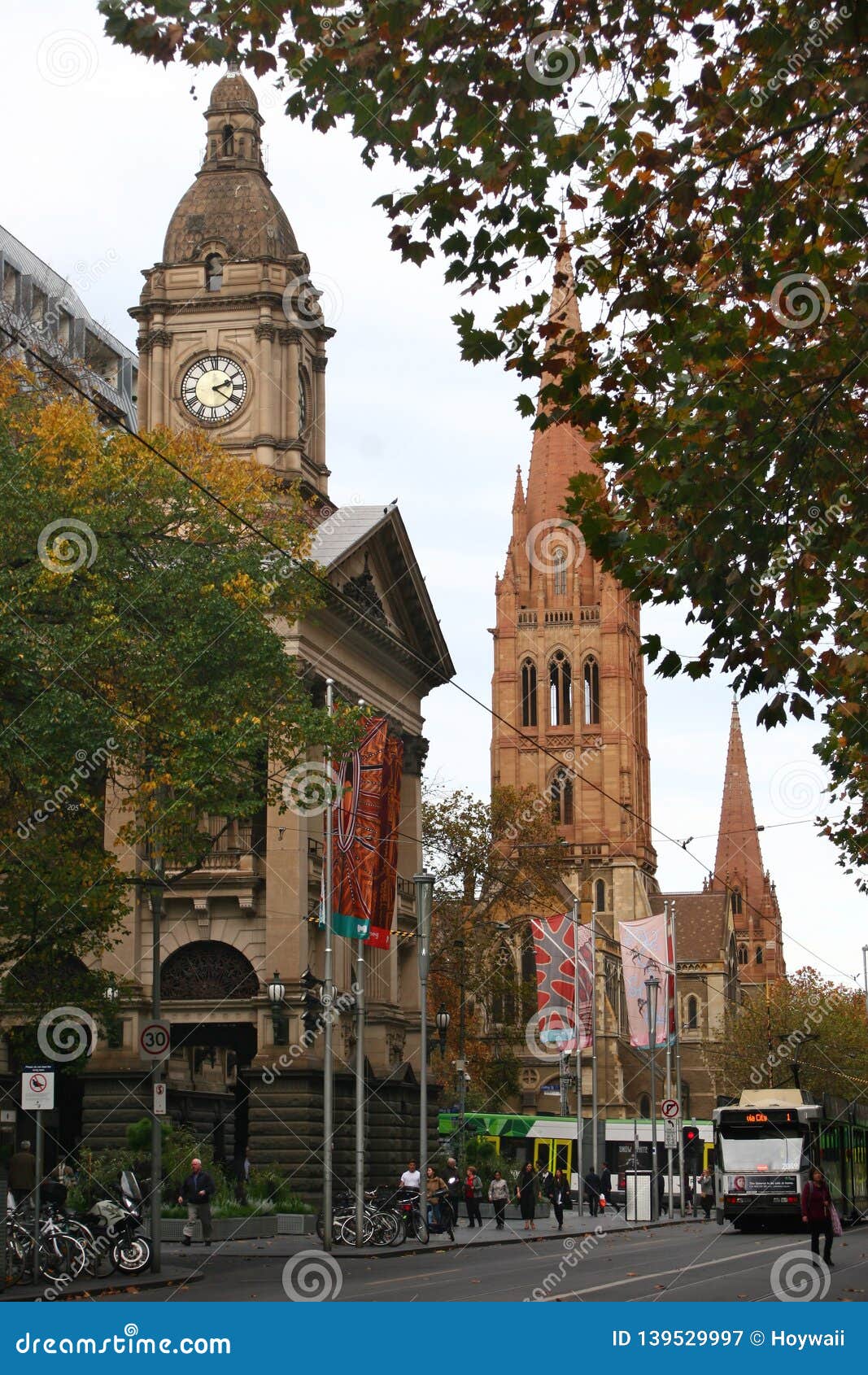 Classic Historic Stone City Hall Clock Tower, St Paul`s Cathedral Bell and Tram in Melbourne Cbd, Victoria, Australia Editorial - Image of central, downtown: 139529997
