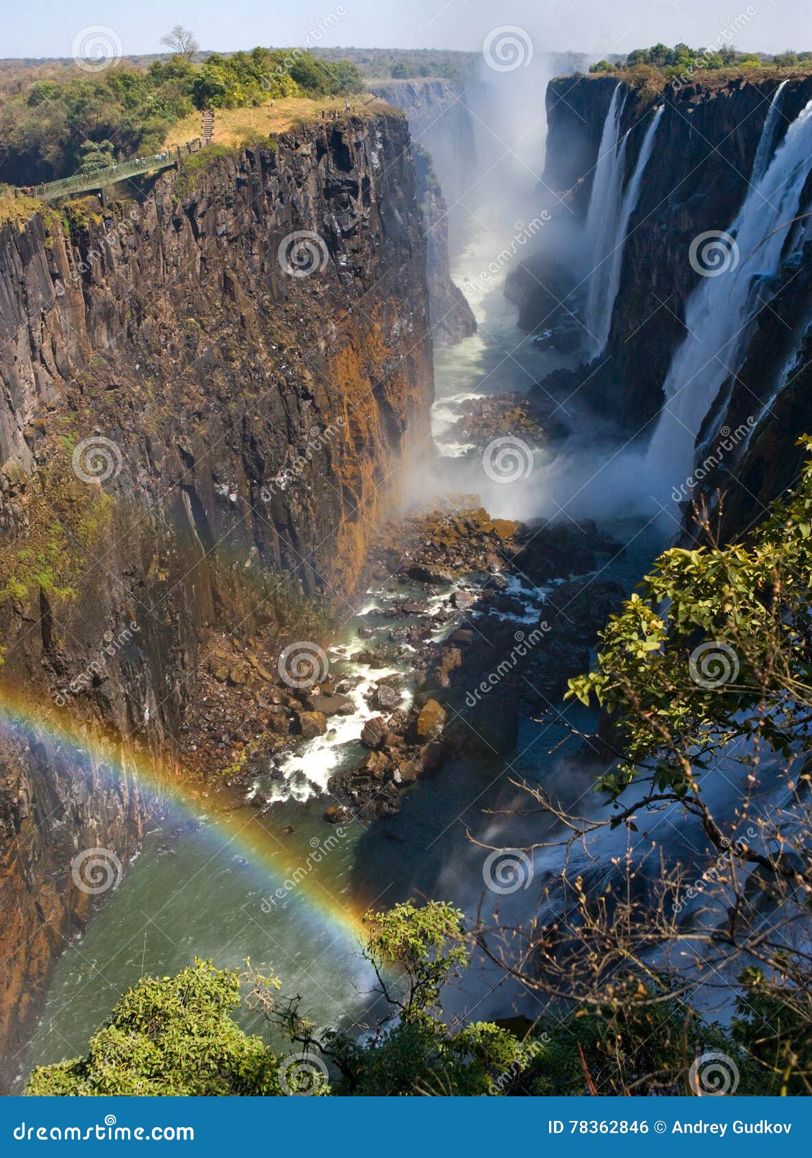 victoria falls. a general view with a rainbow. national park. mosi-oa-tunya national park. and world heritage site. zambiya.