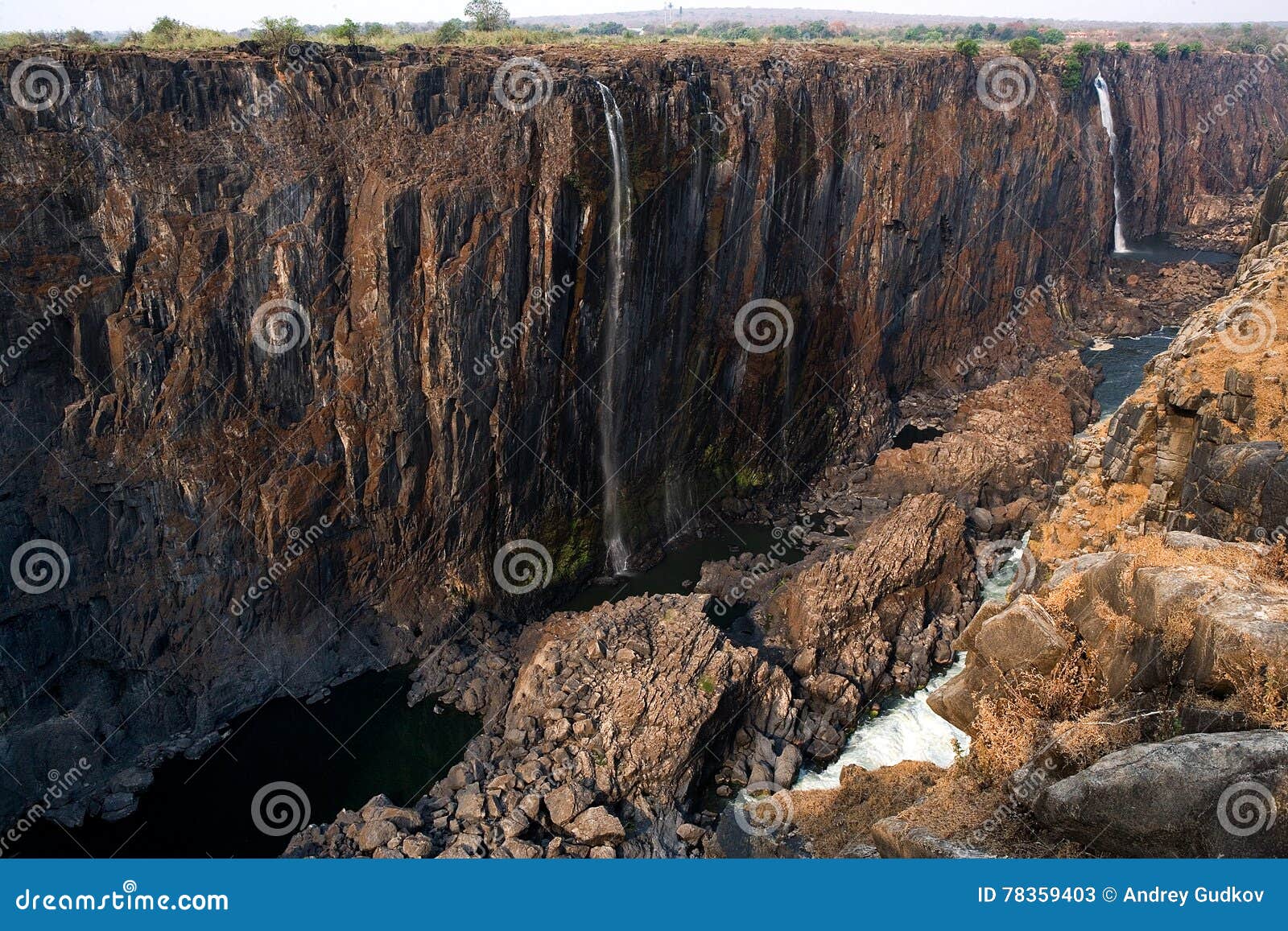 victoria falls in severe drought. rare shot. mosi-oa-tunya national park.zambiya. and world heritage site. zimbabwe.