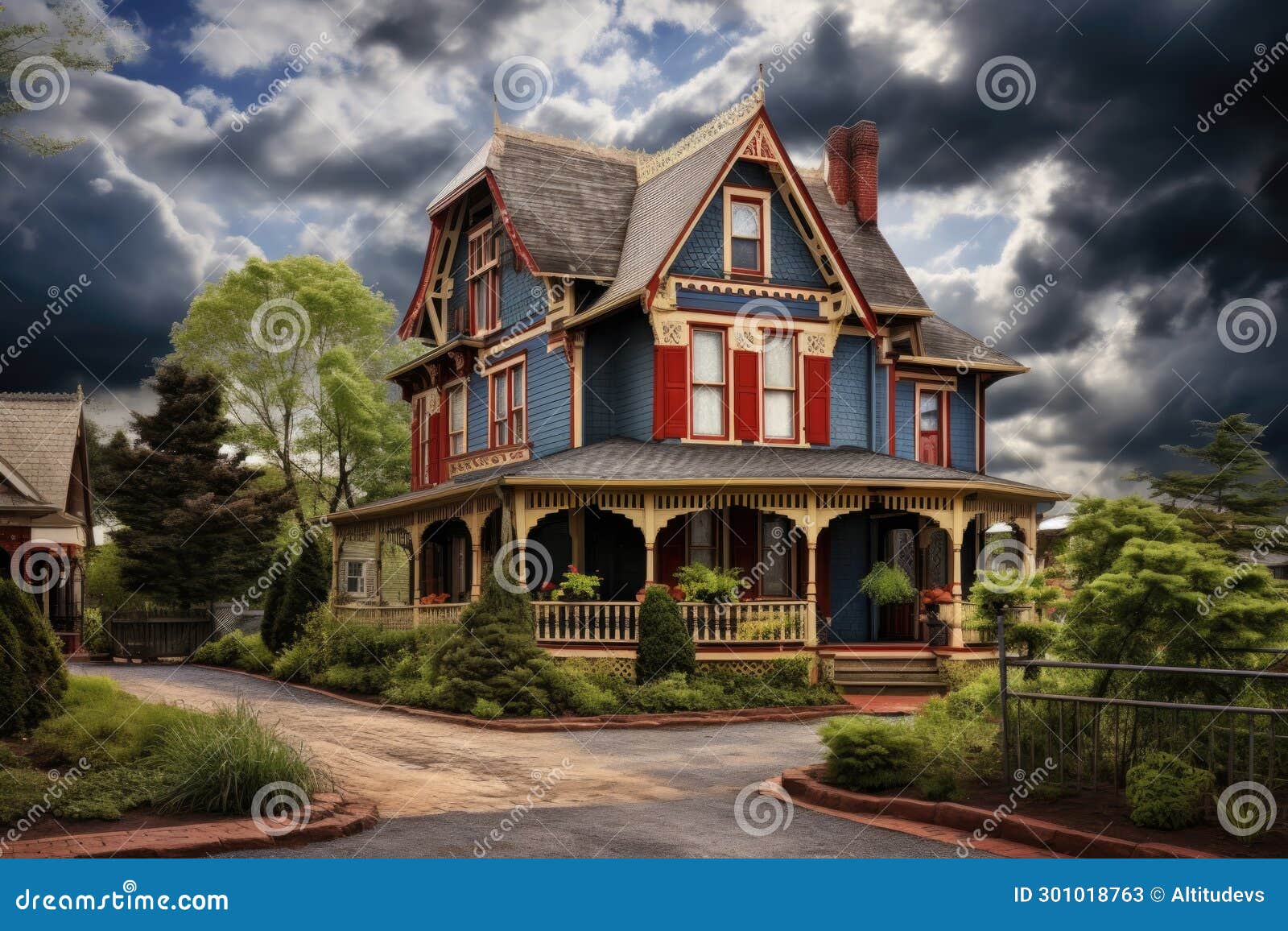 A Victorian House with a Carriage House in the Background, Under a