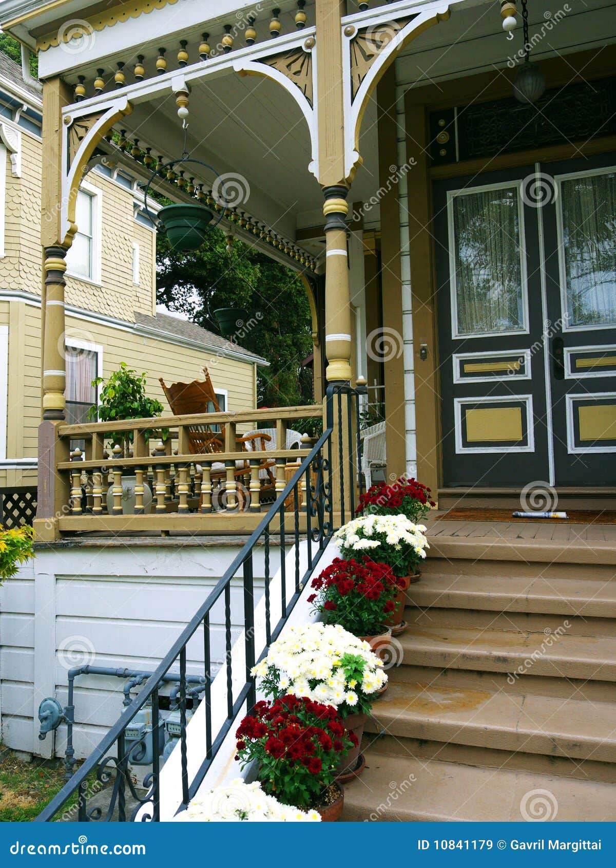 Victorian House with Red and White Flower Pots Stock Image Image of detail, blue 10841179